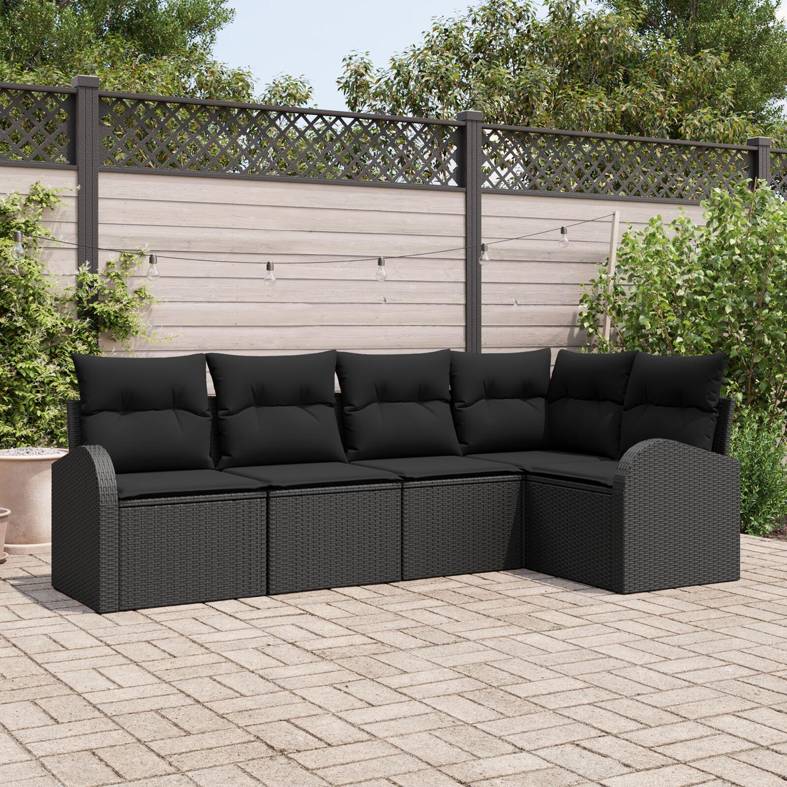 Havesofa Sæt med pude 5 stk Sort Poly rattan