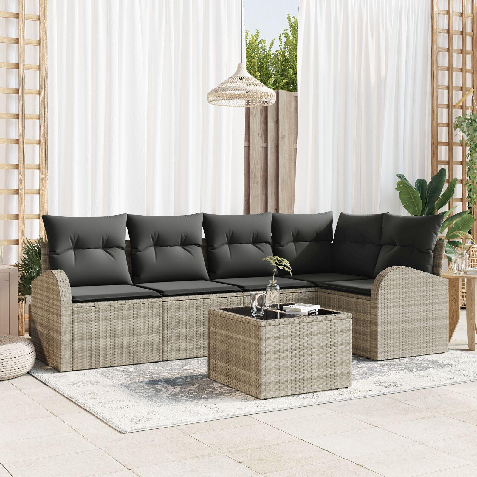 Havesofa Sæt med pude 6 stk Lysegrå Poly rattan
