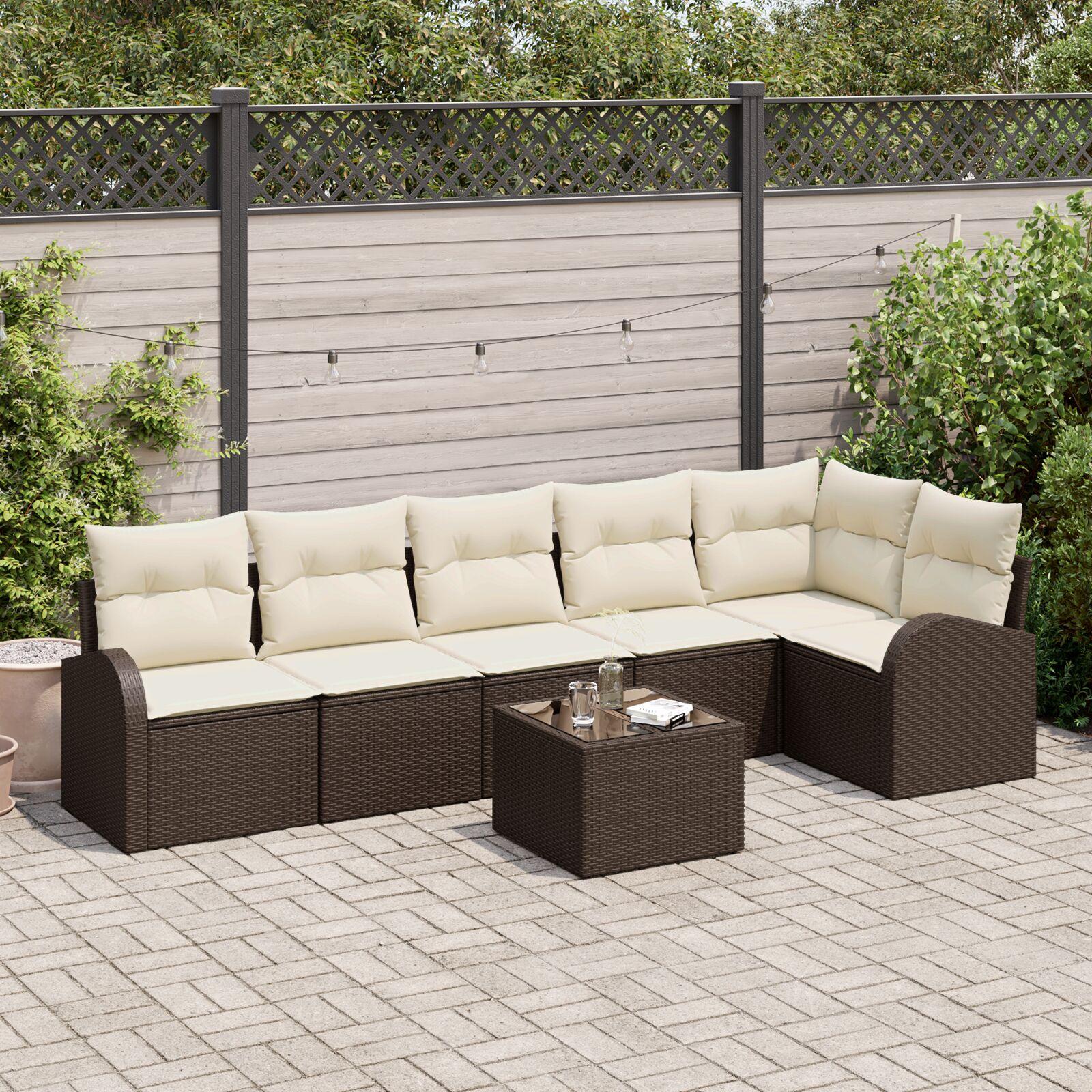 Havesofa Sæt med pude 7 stk Brun Poly rattan