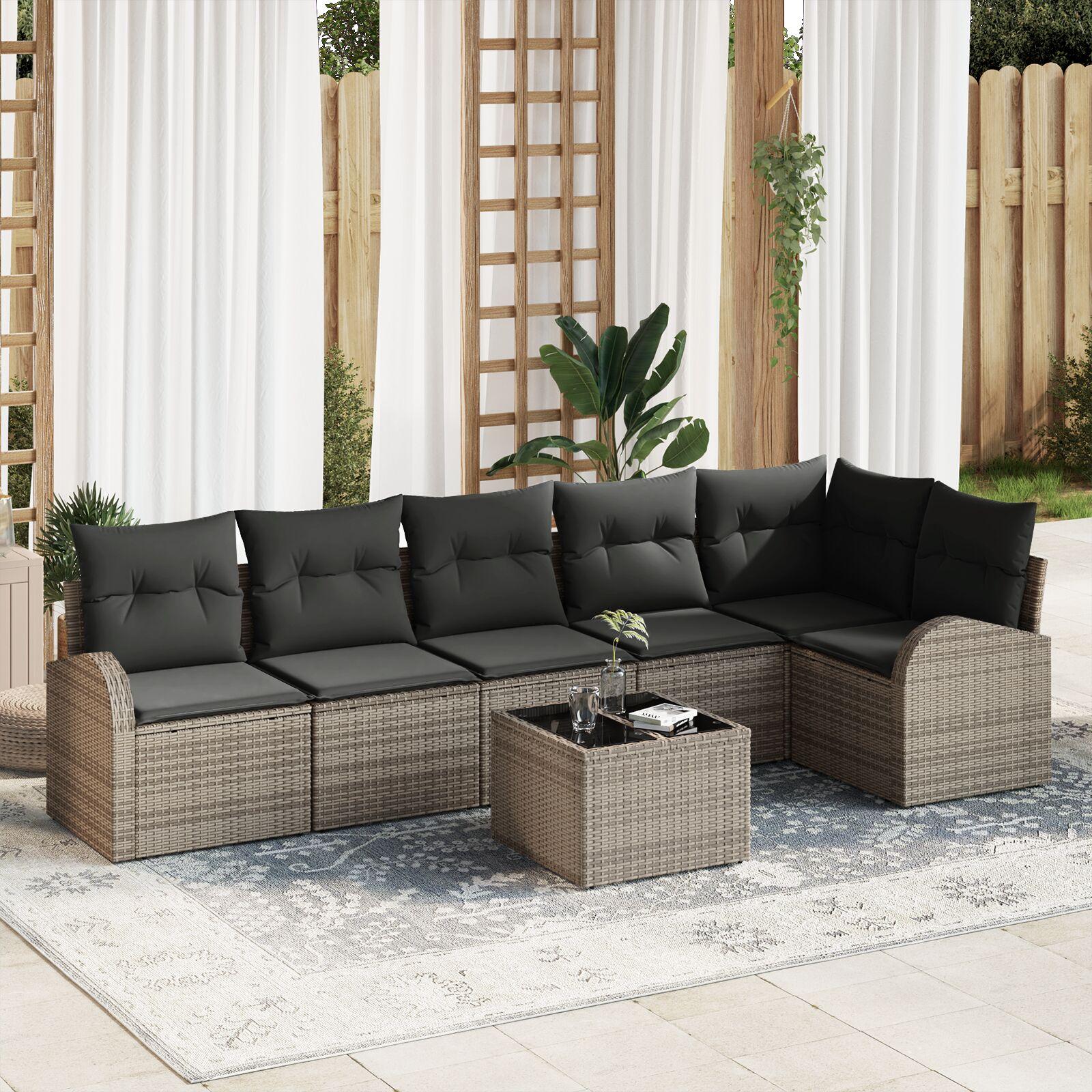 Havesofa Sæt med pude 7 stk Grå Poly rattan