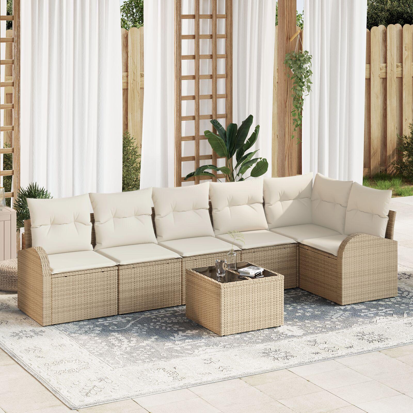 Havesofa Sæt med pude 7 stk Beige Poly rattan