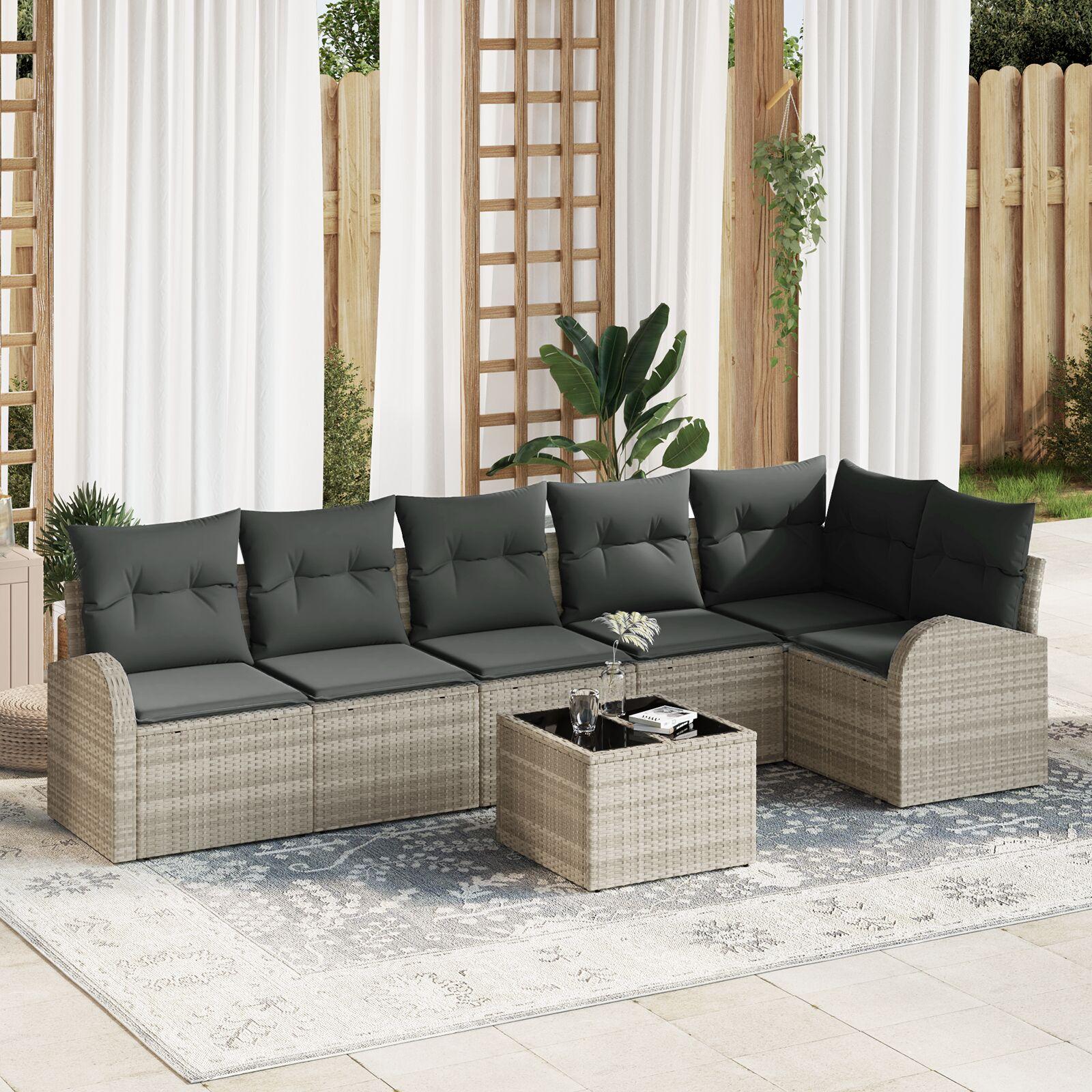 Havesofa Sæt med pude 7 stk Lysegrå Poly rattan
