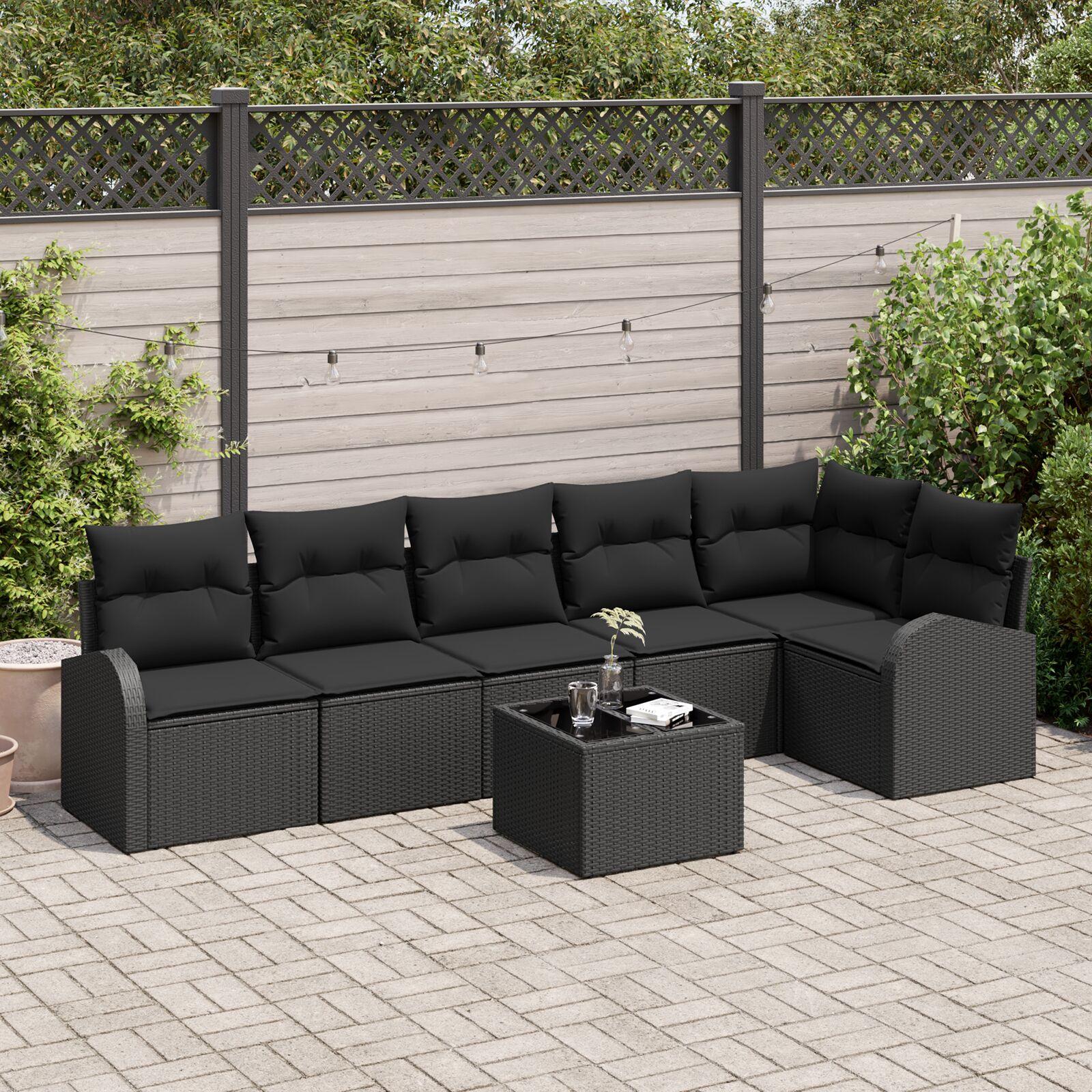 Havesofa sæt i sort polyrattan - 7 dele modul loungesæt