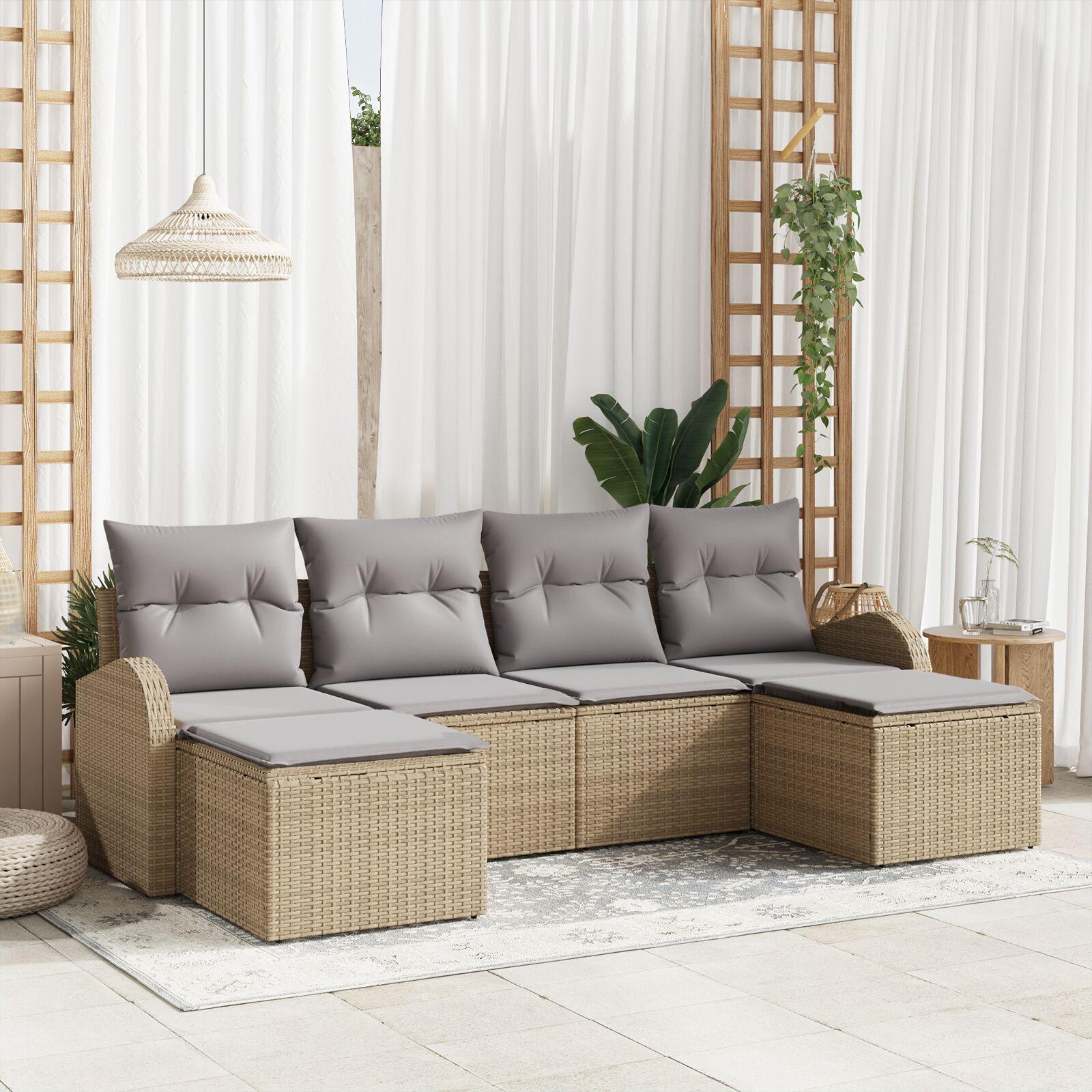 Modulært havesofa sæt med puder - 6 pladser, beige poly rattan