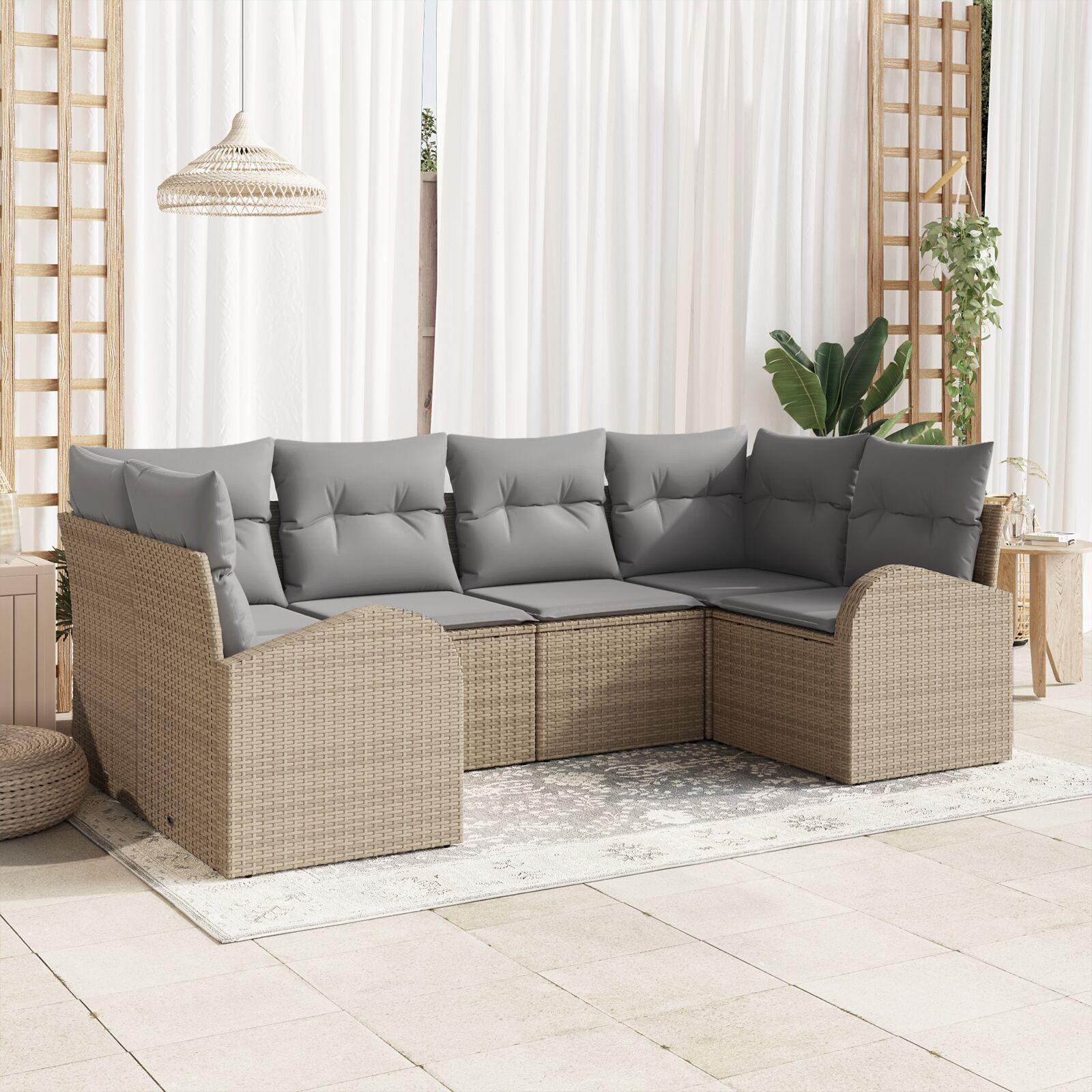 Havesofa Sæt Med Pude 6 Dele Poly Rattan - beige og grå