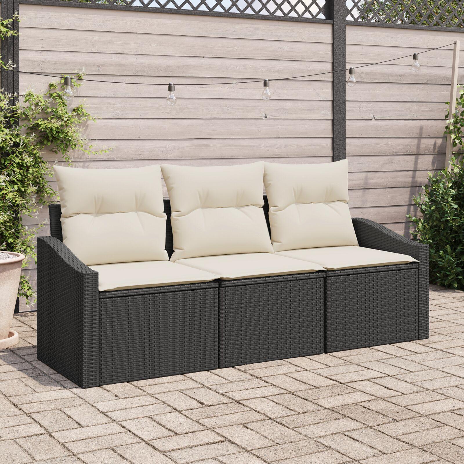 Sofa sæt med puder - 3-personers sort polyrattan, modulært