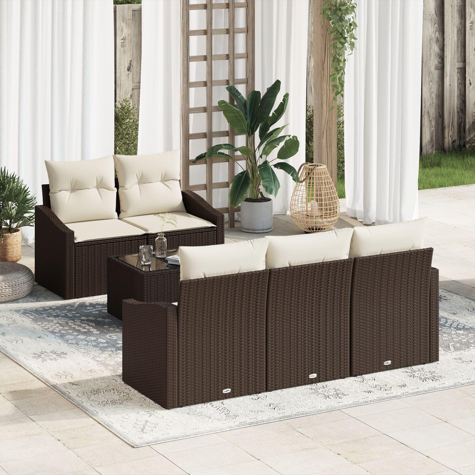 6 Delt Have Sofa Sæt Med Puder Brun Poly Rattan