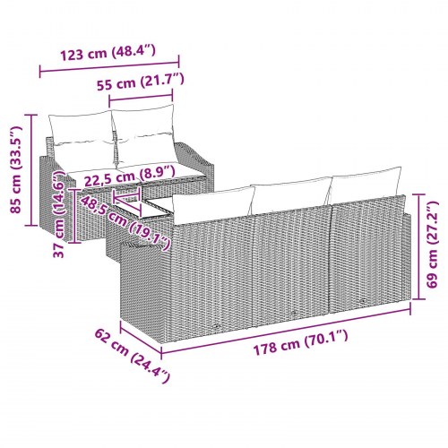 6 Personers Havesofa Sæt med Hynder Grå Poly Rattan