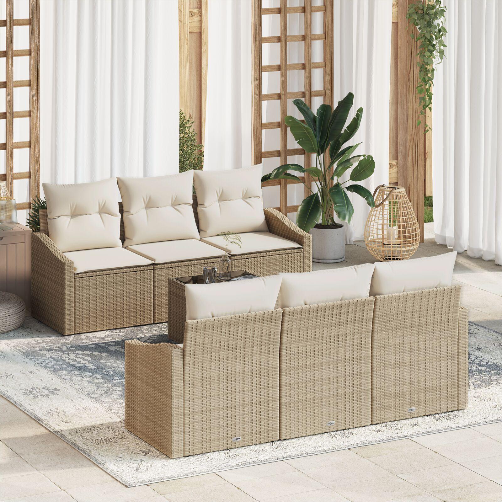 7 Del Have Sofa Sæt Med Puder Beige Poly Rattan