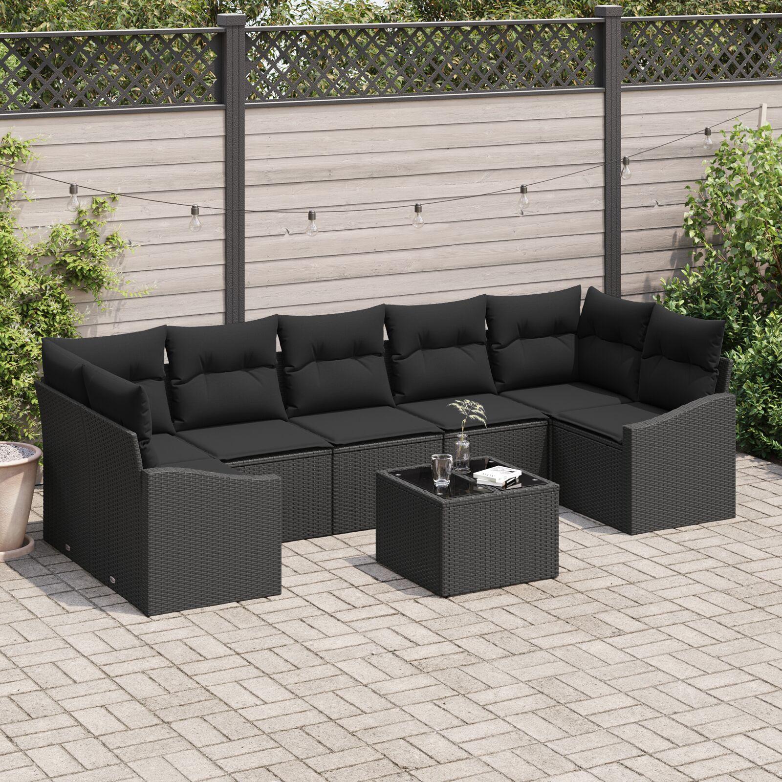 8-delt Have Sofa Sæt Med Pudebetræk Sort Poly Rattan