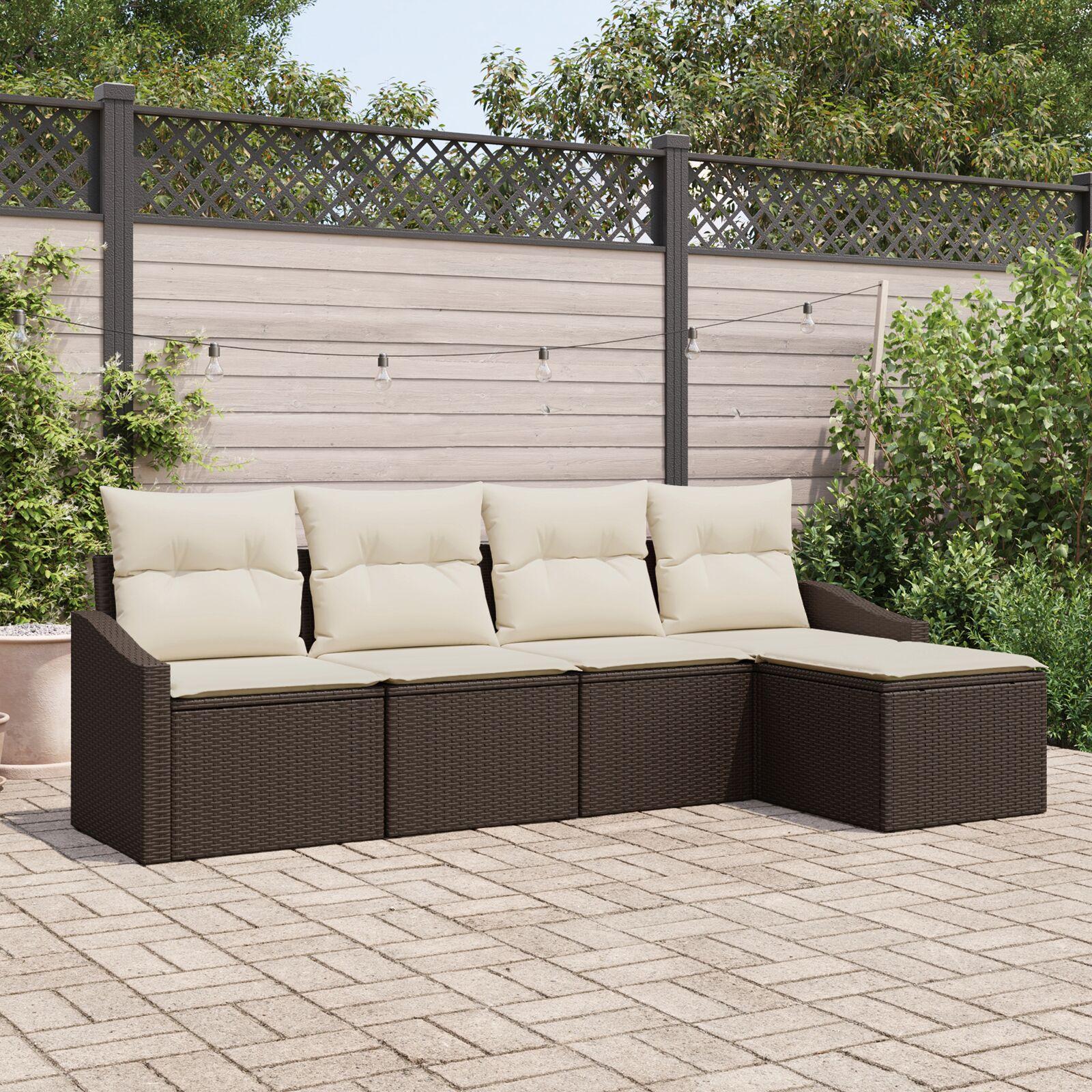Havesofa-sæt i brun polyrattan med puder - 5 dele, modulært