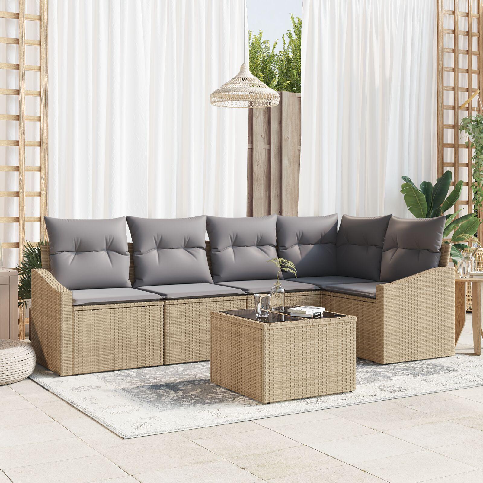 Havemøbelsæt med puder 6 stk i beige polyrattan