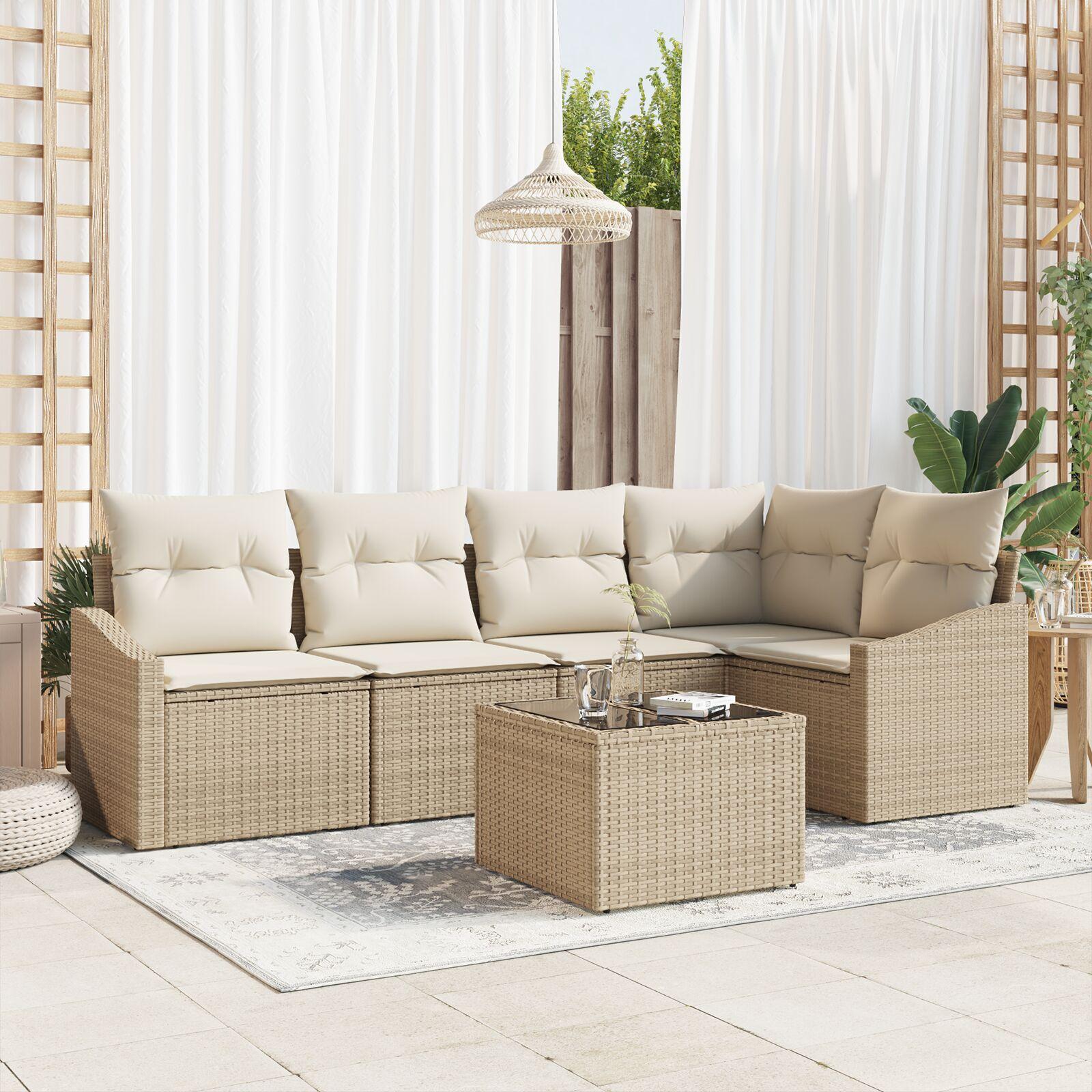 Sofa sæt med puder 6 dele i beige polyrattan til have og terrasse