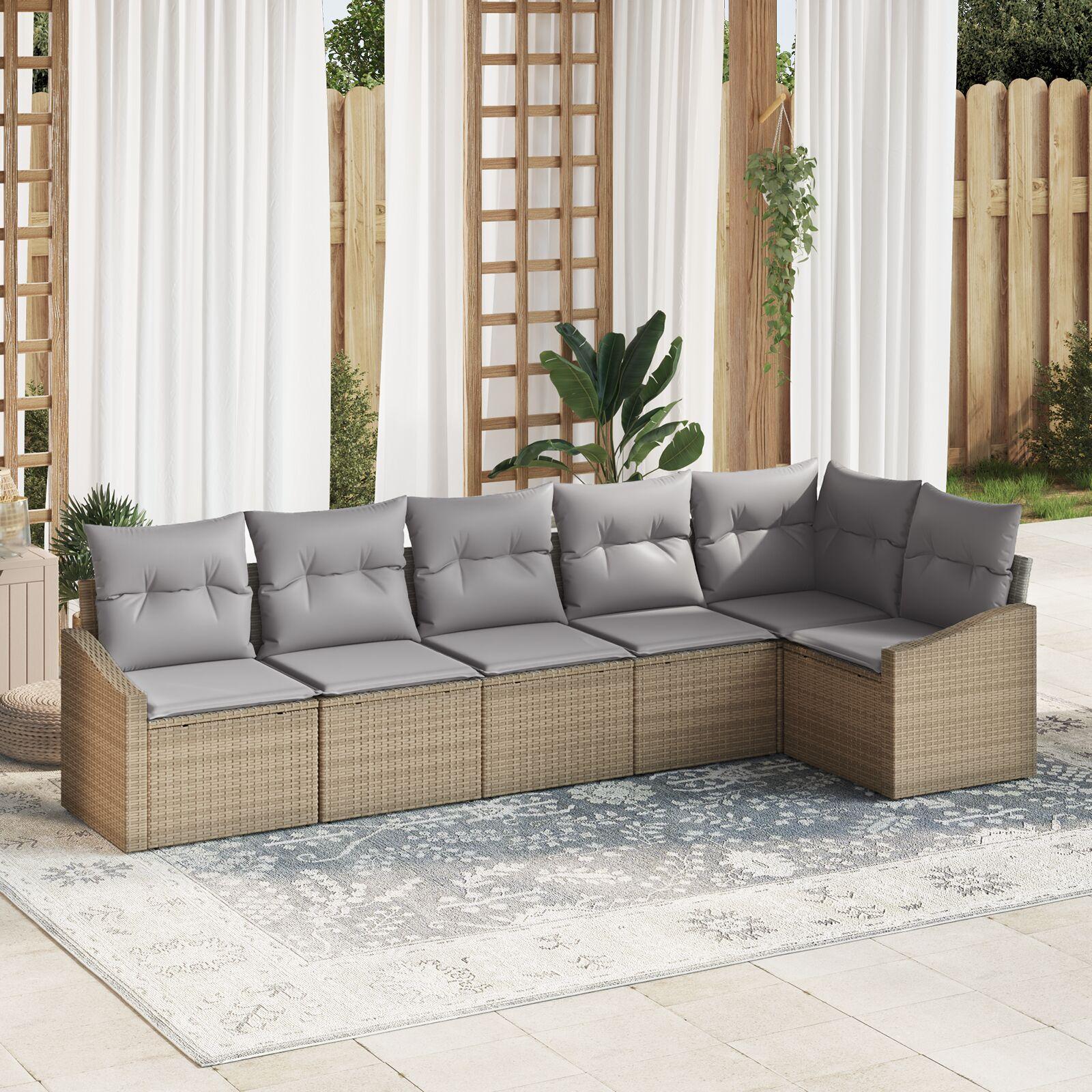 Sofa-sæt med puder - 6-pers. modulopbygget polyrattan, beige