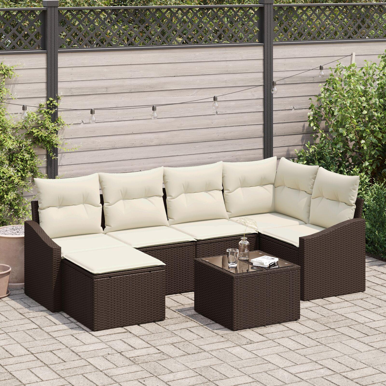 6 Delts Have Sofa Sæt Med Puder Grå Poly Rattan