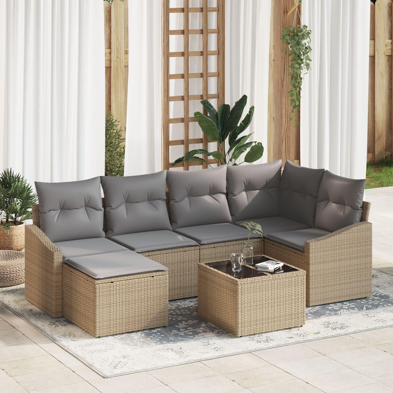 Sofa sæt med puder 7 stk beige polyrattan havemøbelsæt