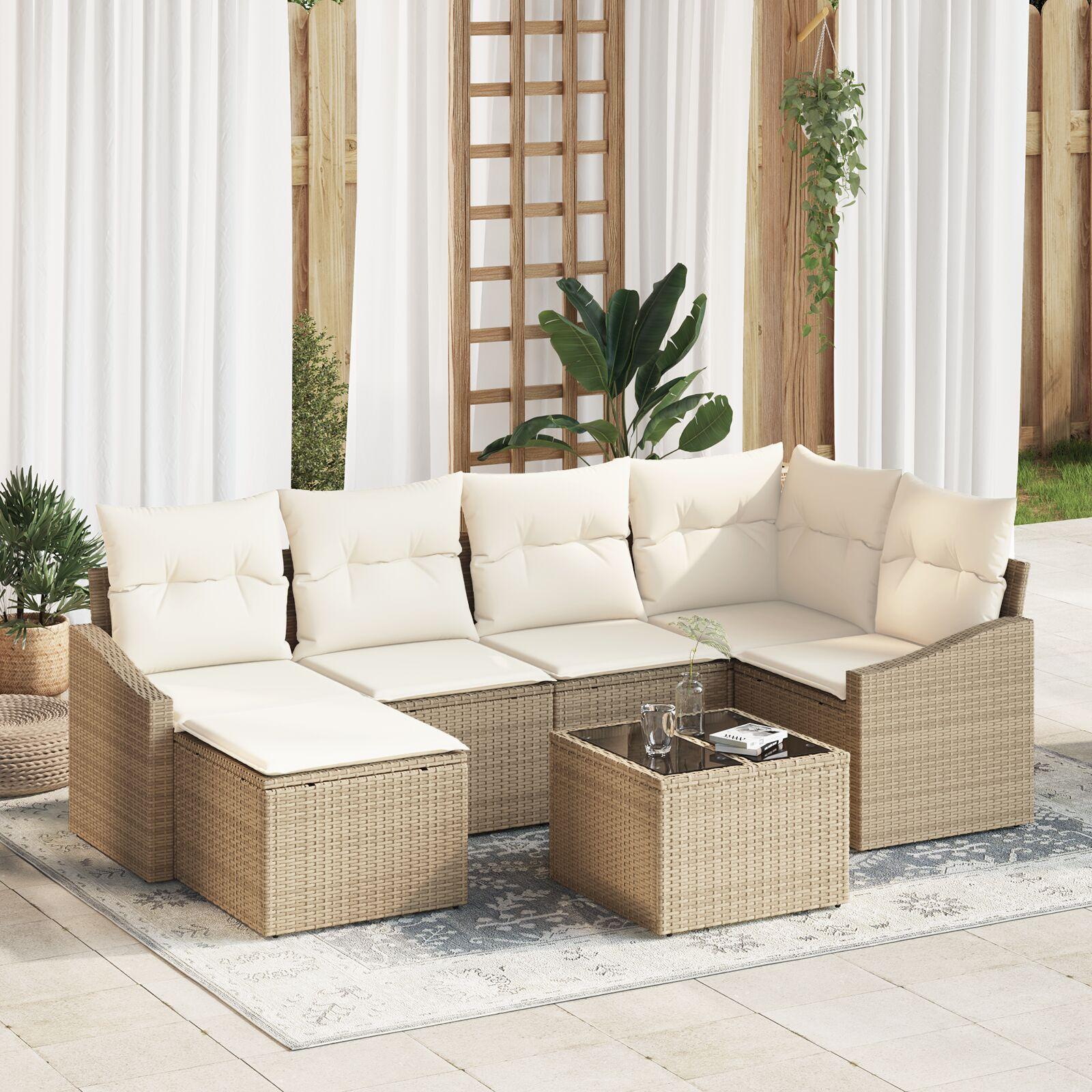 Sofa sæt med puder 7 stk i beige polyrattan til have og terrasse