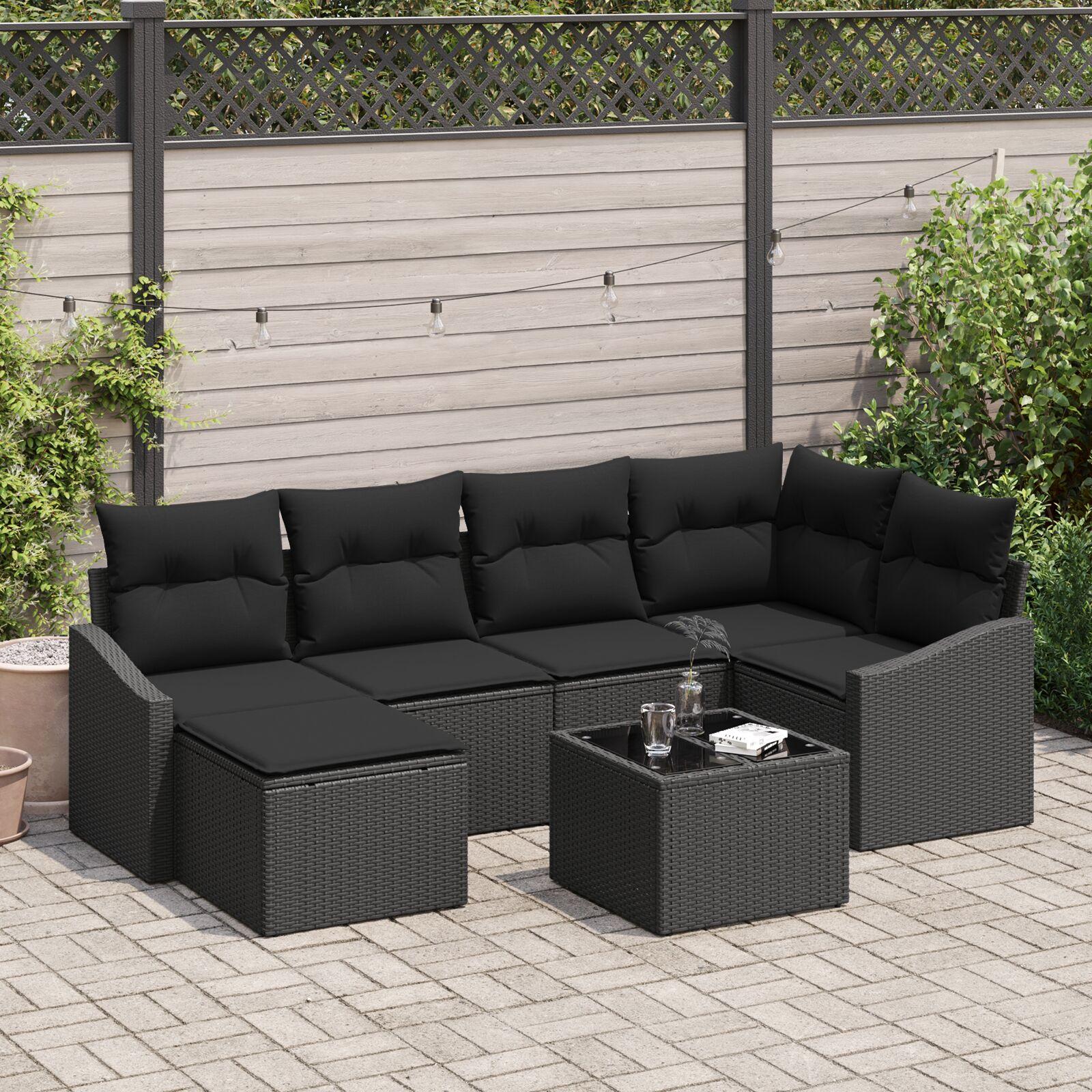 Sofa sæt med puder 7 stk i sort polyrattan til have og terrasse