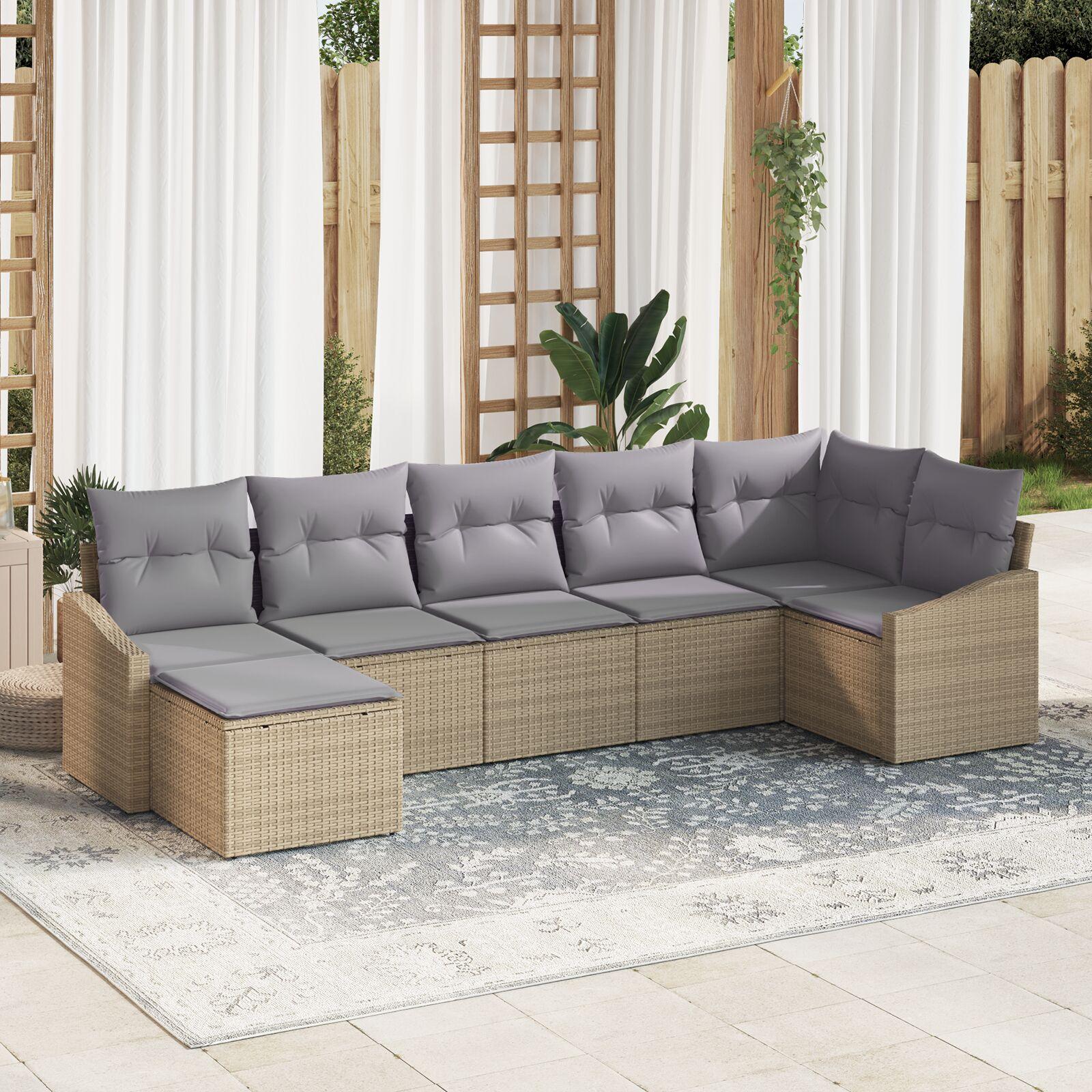 Sofa sæt med puder - 7 dele i beige polyrattan, modulært udendørs loungesæt