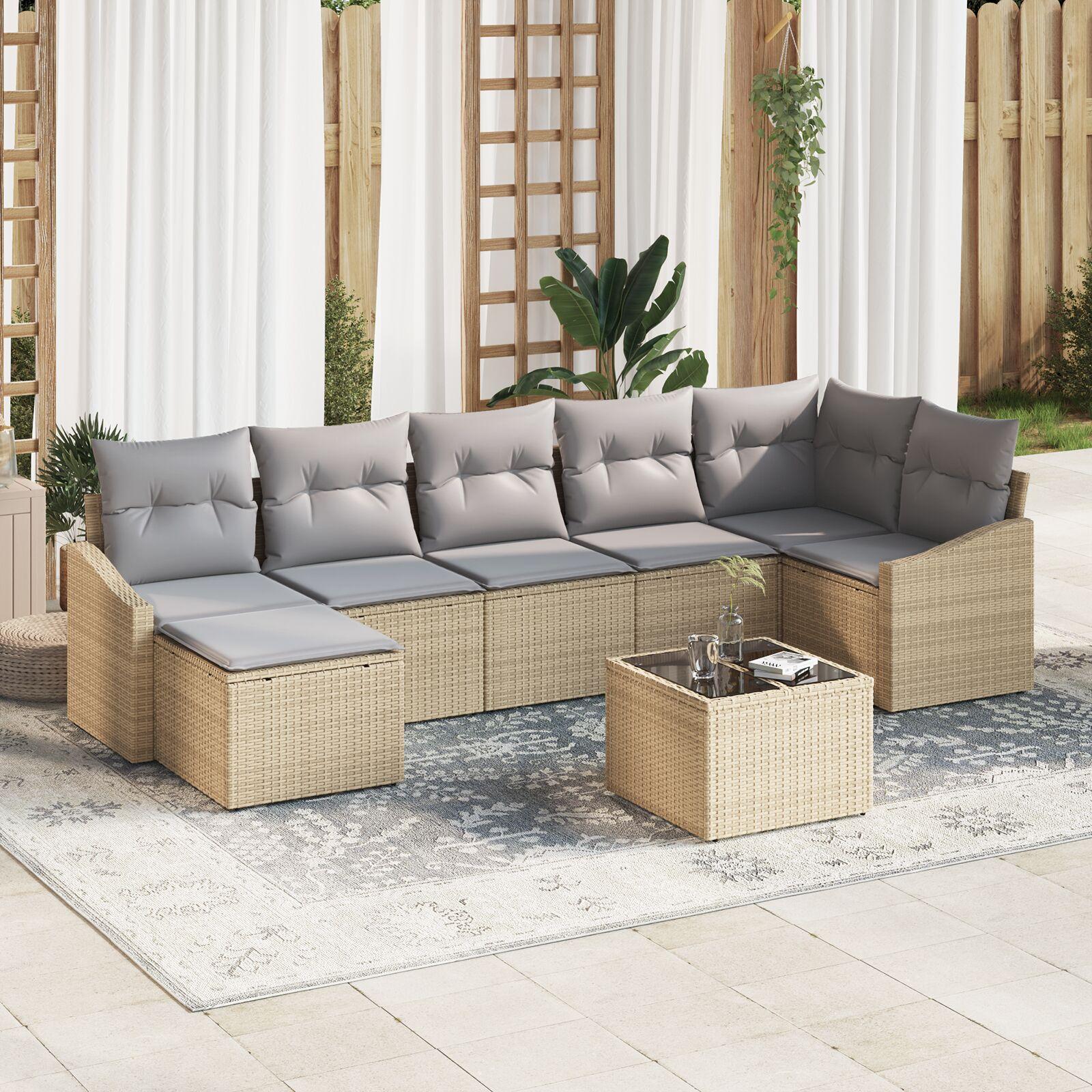 Sofa Sæt Med Pude 8 Dele Polyrattan - beige og grå