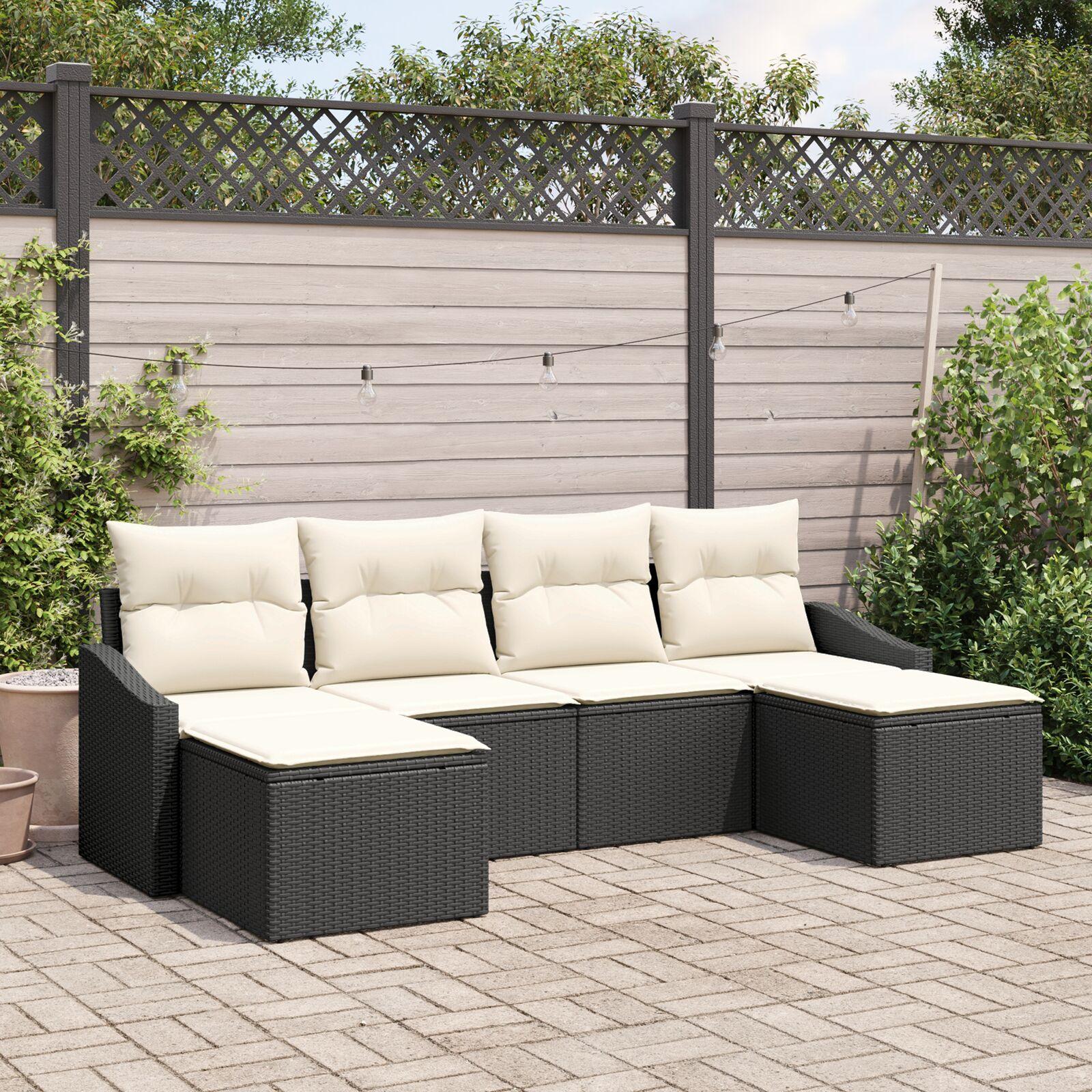 Sofa sæt med puder - 6 dele i sort polyrattan, modulært havemøbelsæt