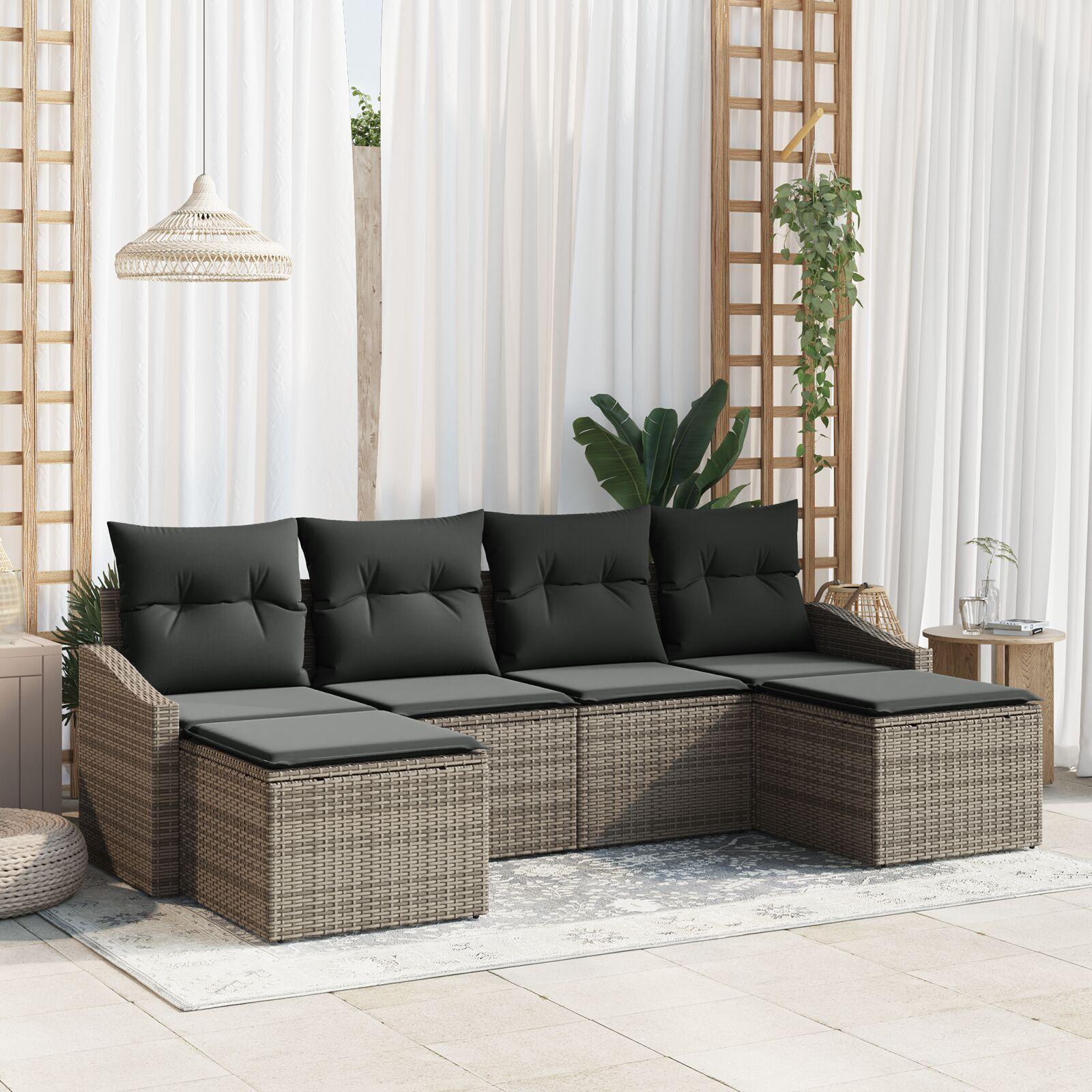 Sofasæt med puder - 6 dele i grå polyrattan, modulært havemøbelsæt