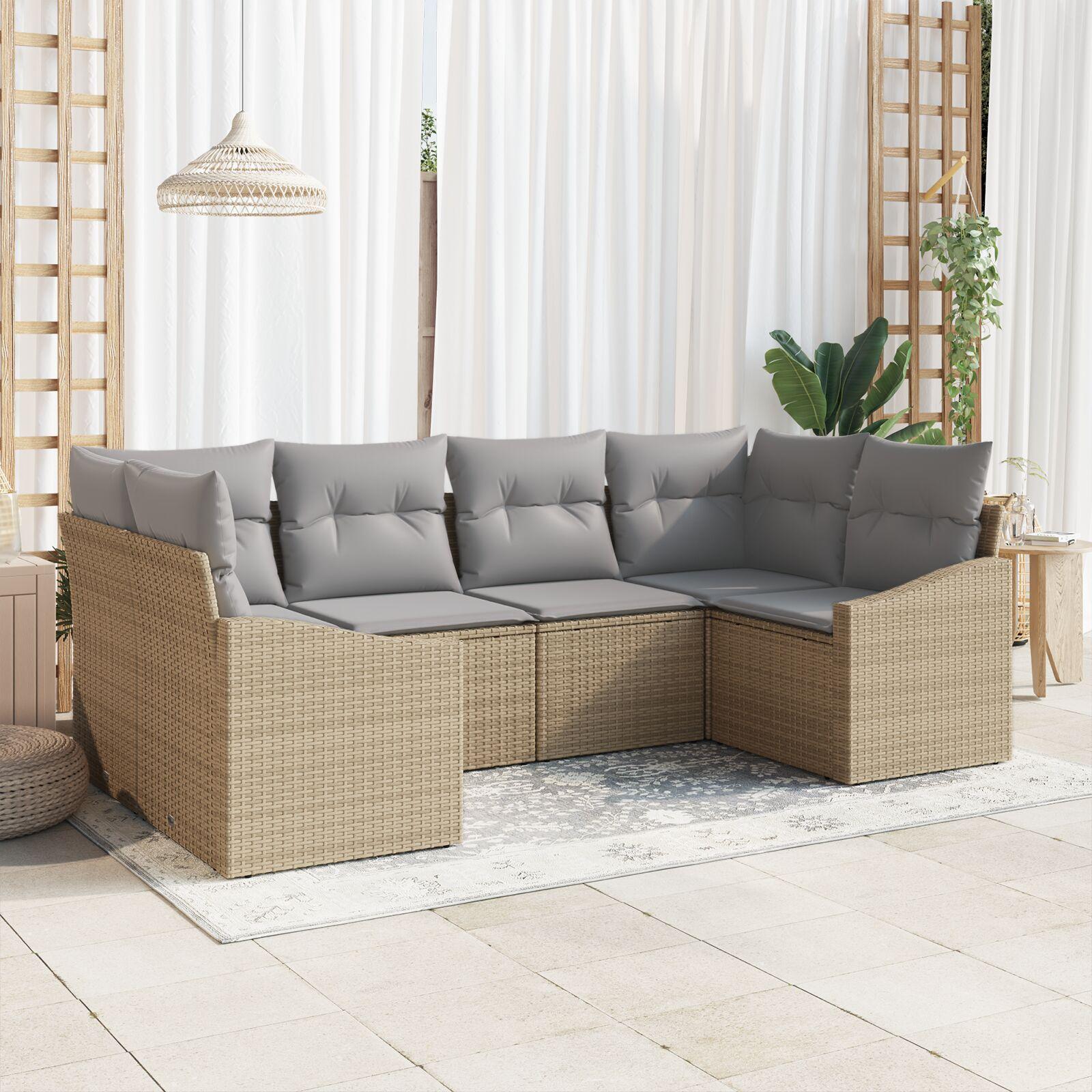Sofa Sæt Med Pude 6 Dele Polyrattan - beige og grå