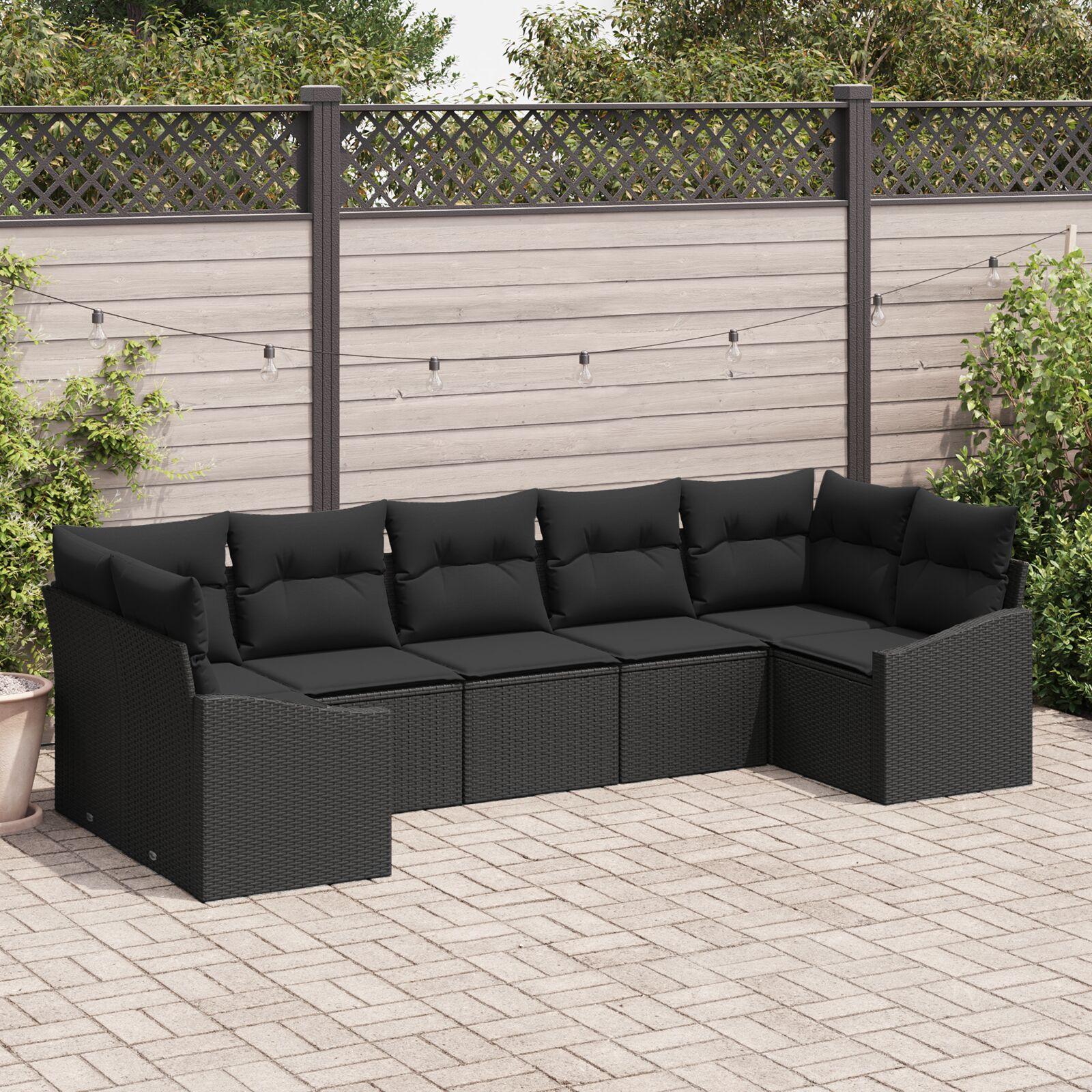 Sofa sæt med puder - 7-pers. hjørnelounge i sort polyrattan