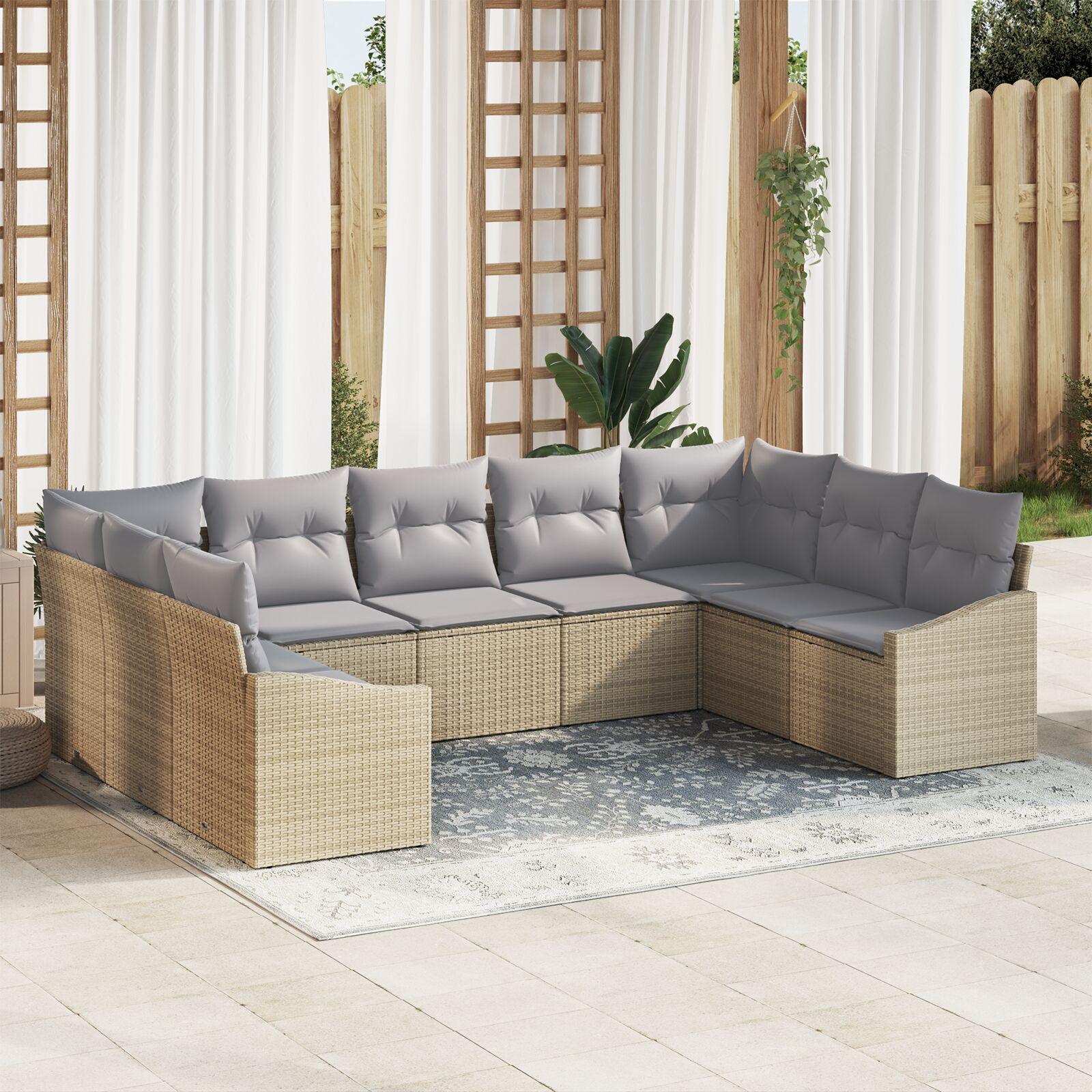 Have loungesæt i beige polyrattan med puder - 9 sæder, modulopbygget