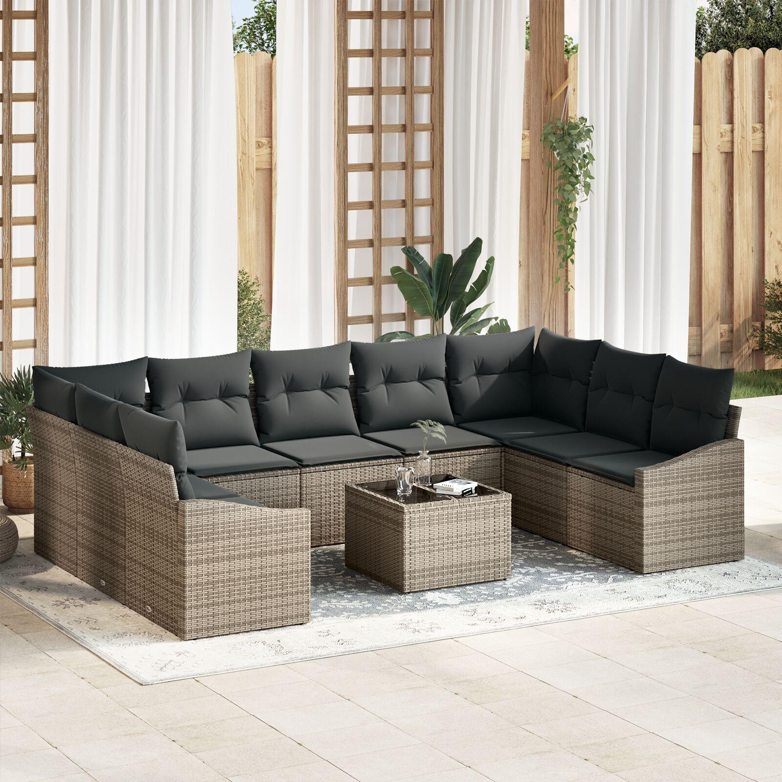 Sofa Sæt Med Pude 10 Dele Polyrattan - Grå