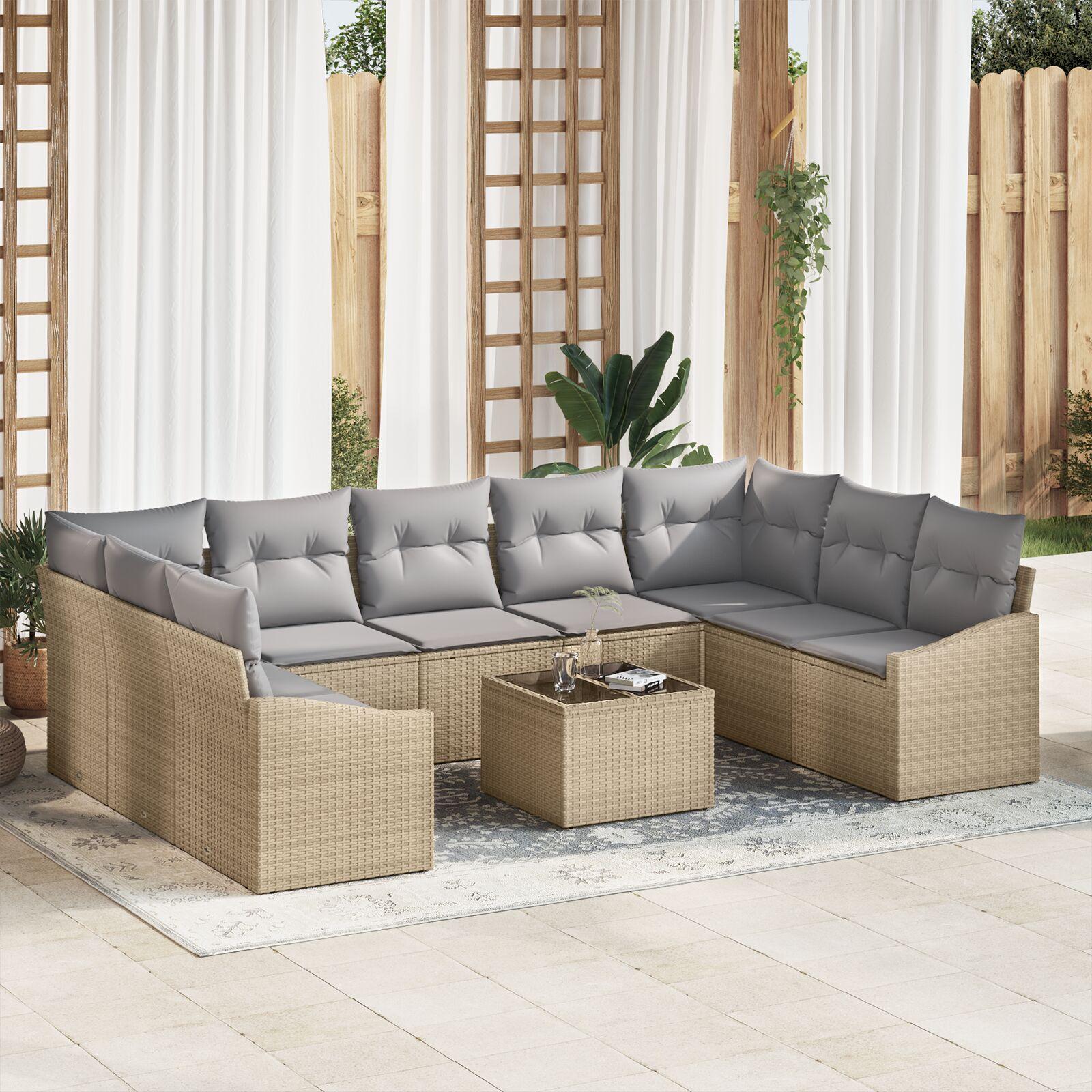 Sofa Sæt Med Pude 10 Dele Polyrattan - beige og grå