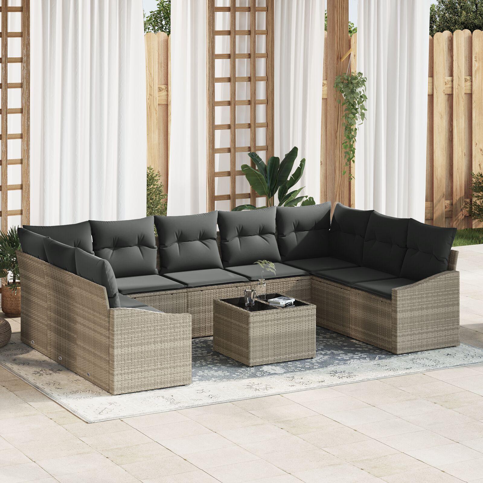 Sofa Sæt Med Pude 10 Dele Polyrattan - Lysegrå