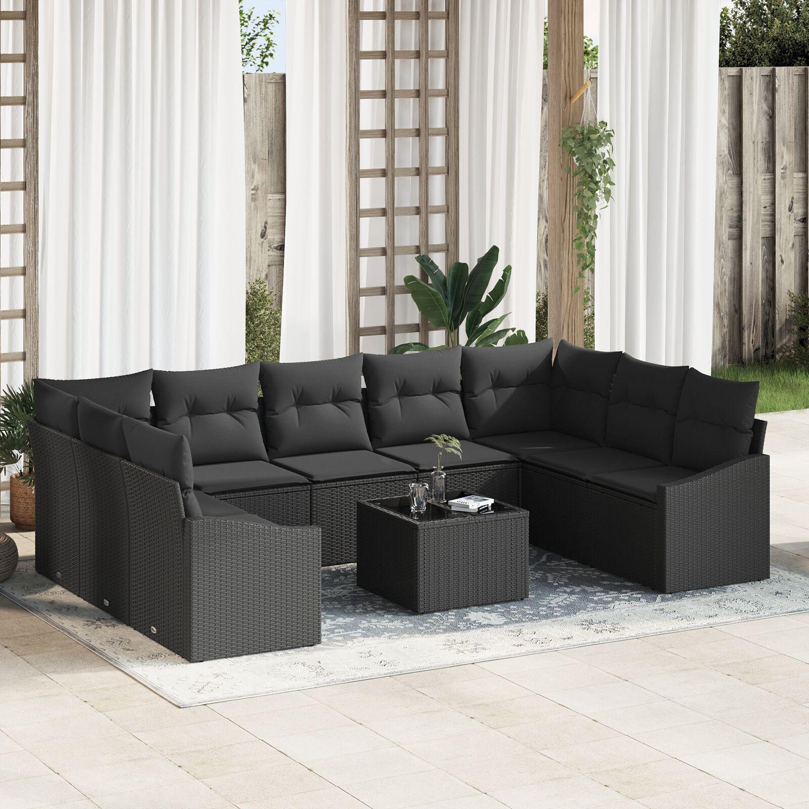 Sofa Sæt Med Pude 10 Dele Polyrattan - Sort