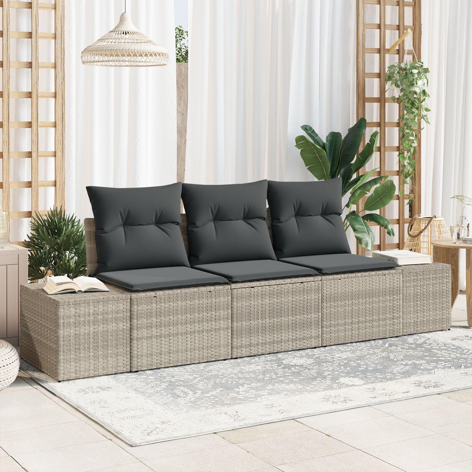Sofa sæt med puder - 3 dele i lysegrå polyrattan, modulært havemøbelsæt