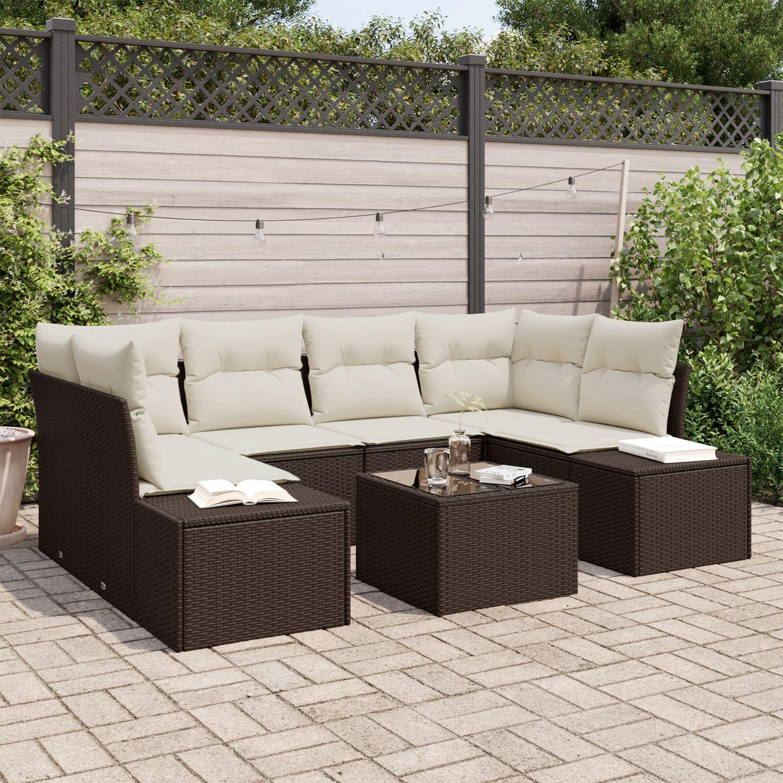 Havesofa-sæt i brun polyrattan - 7 dele med puder