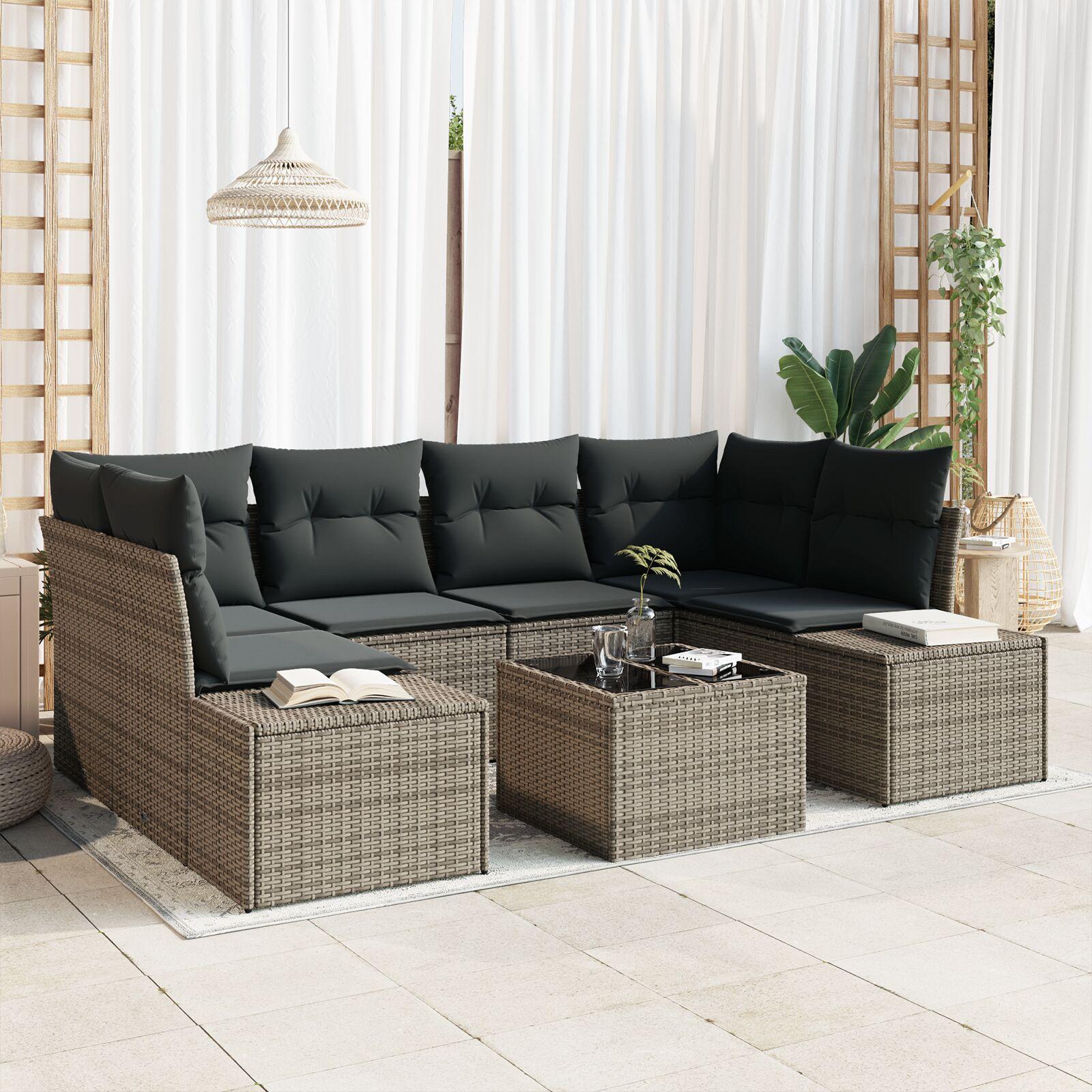 Havesofa sæt i grå polyrattan - 7 dele, modulært loungesæt med puder