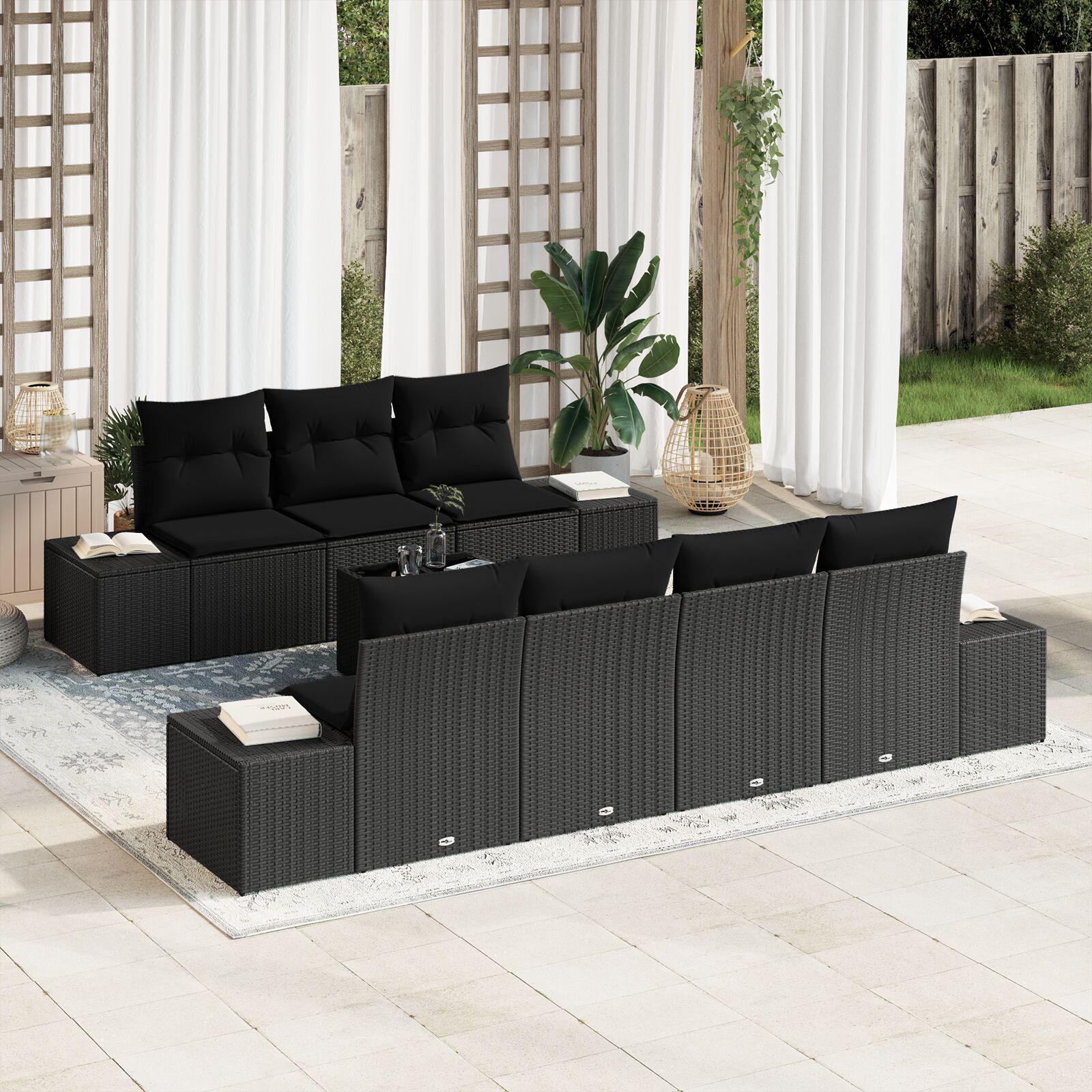 Havesofa sæt med puder 8 stk i sort polyrattan