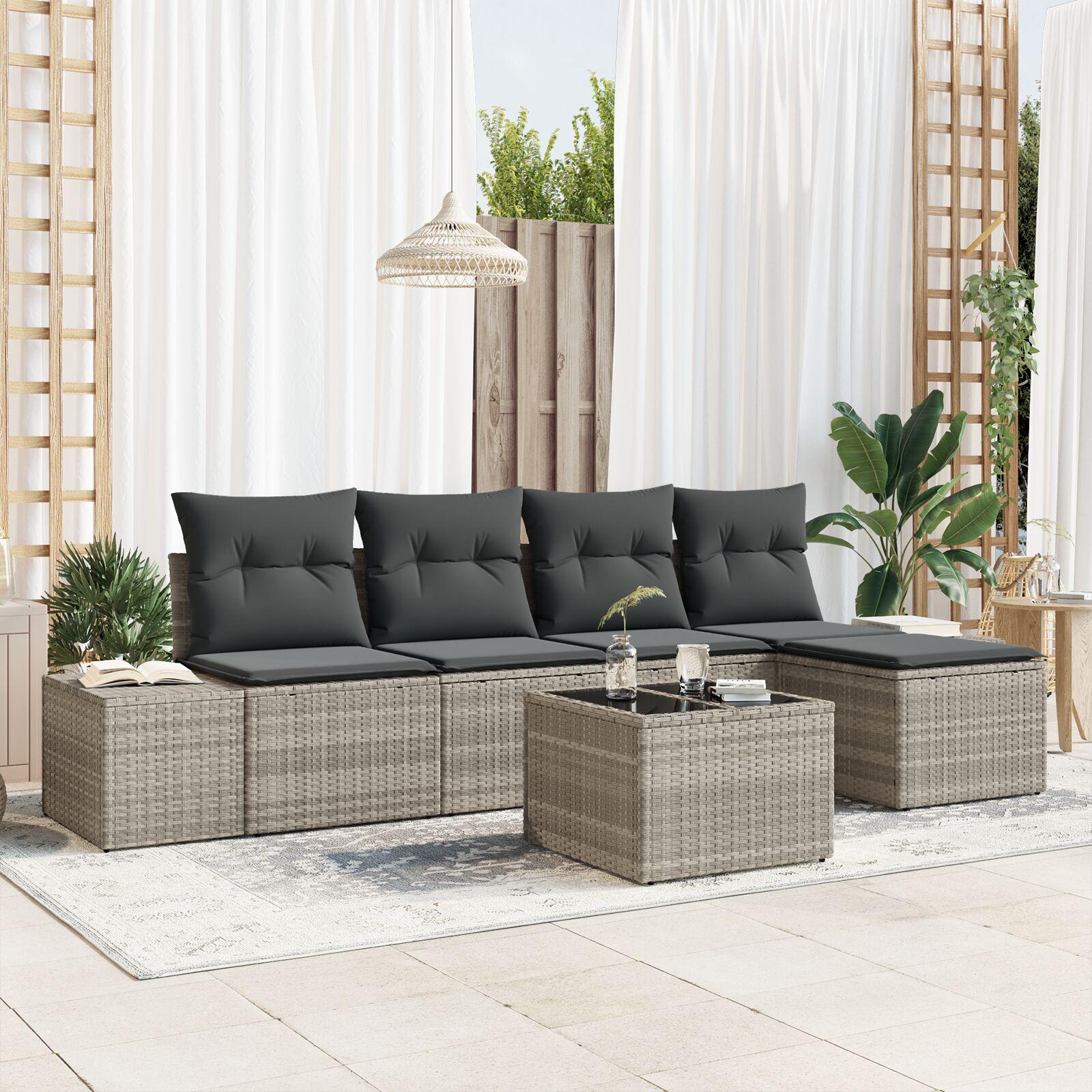 Havesofa-sæt i lysegrå polyrattan - modulært loungesæt med puder, 6 dele