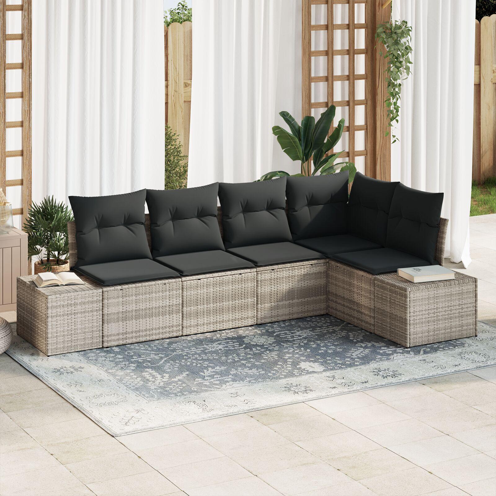 Havesofa sæt i lysegrå polyrattan - modulært loungesæt, 5 pladser