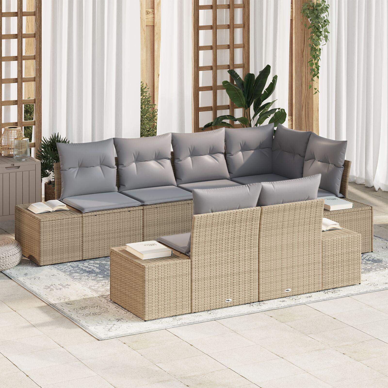 Havesofa Sæt med pude 7 stk beige og grå Poly rattan