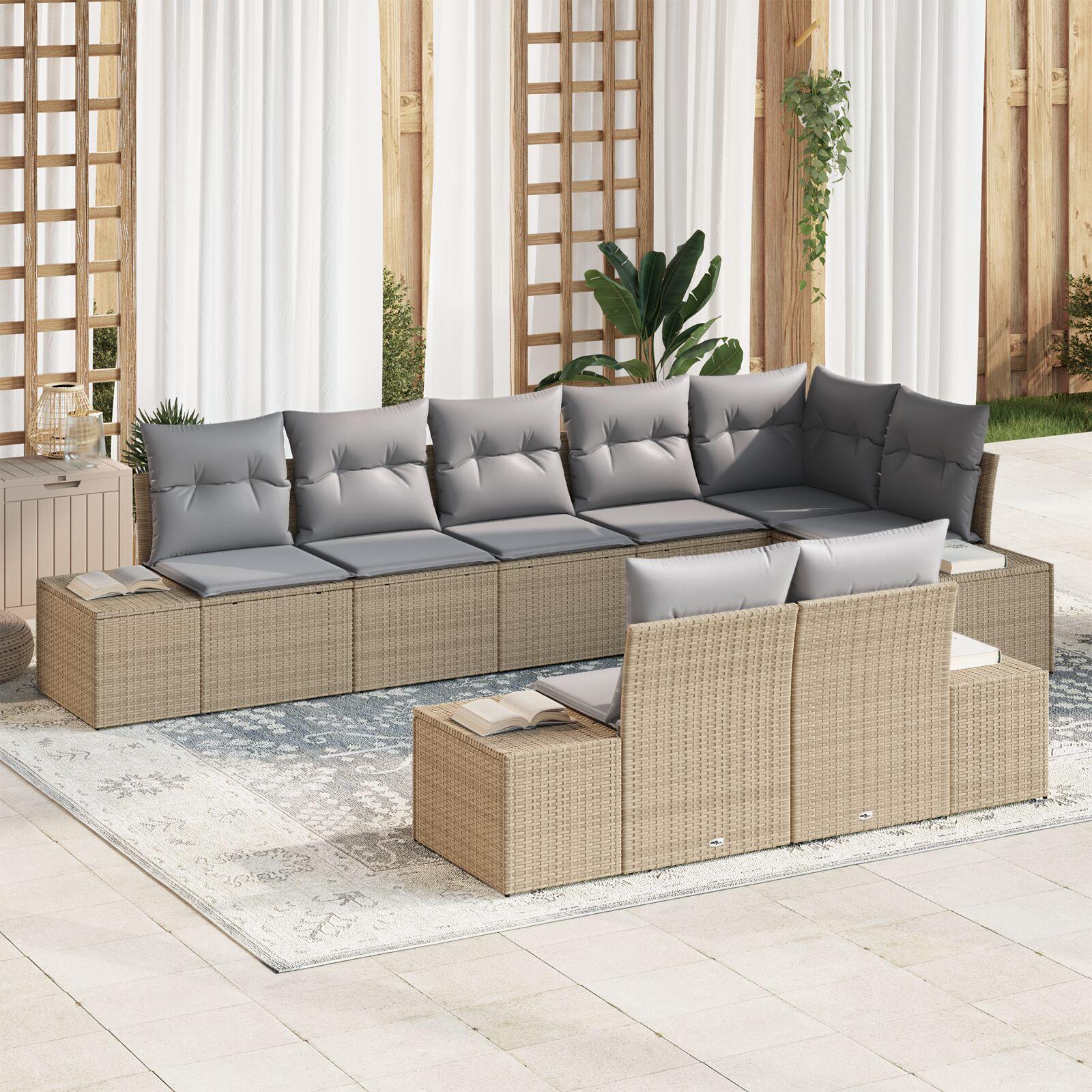 Havesofa Sæt med pude 8 stk beige og grå Poly rattan