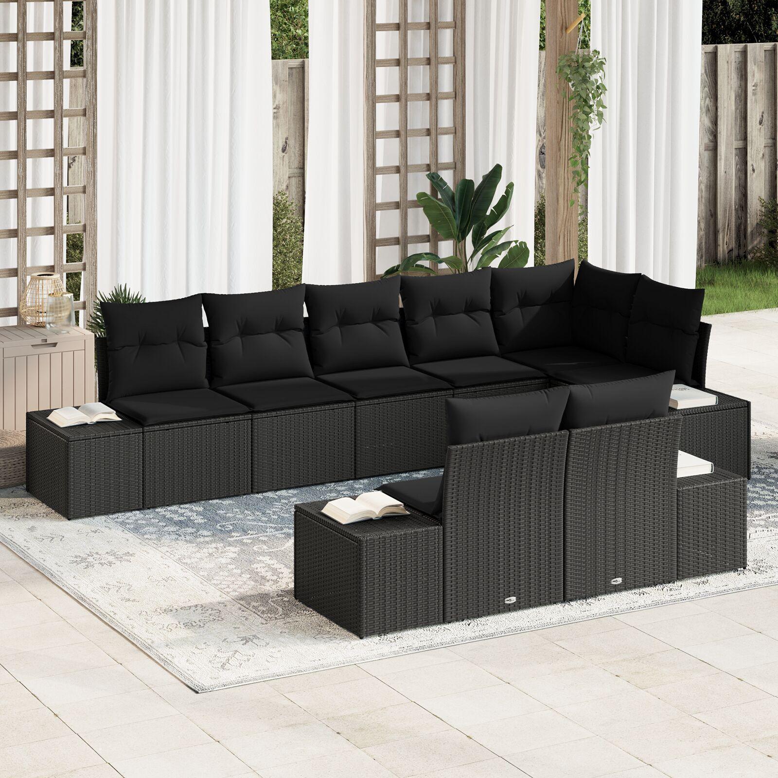 Havesofa sæt med puder - 8-personers modulsofa i sort polyrattan