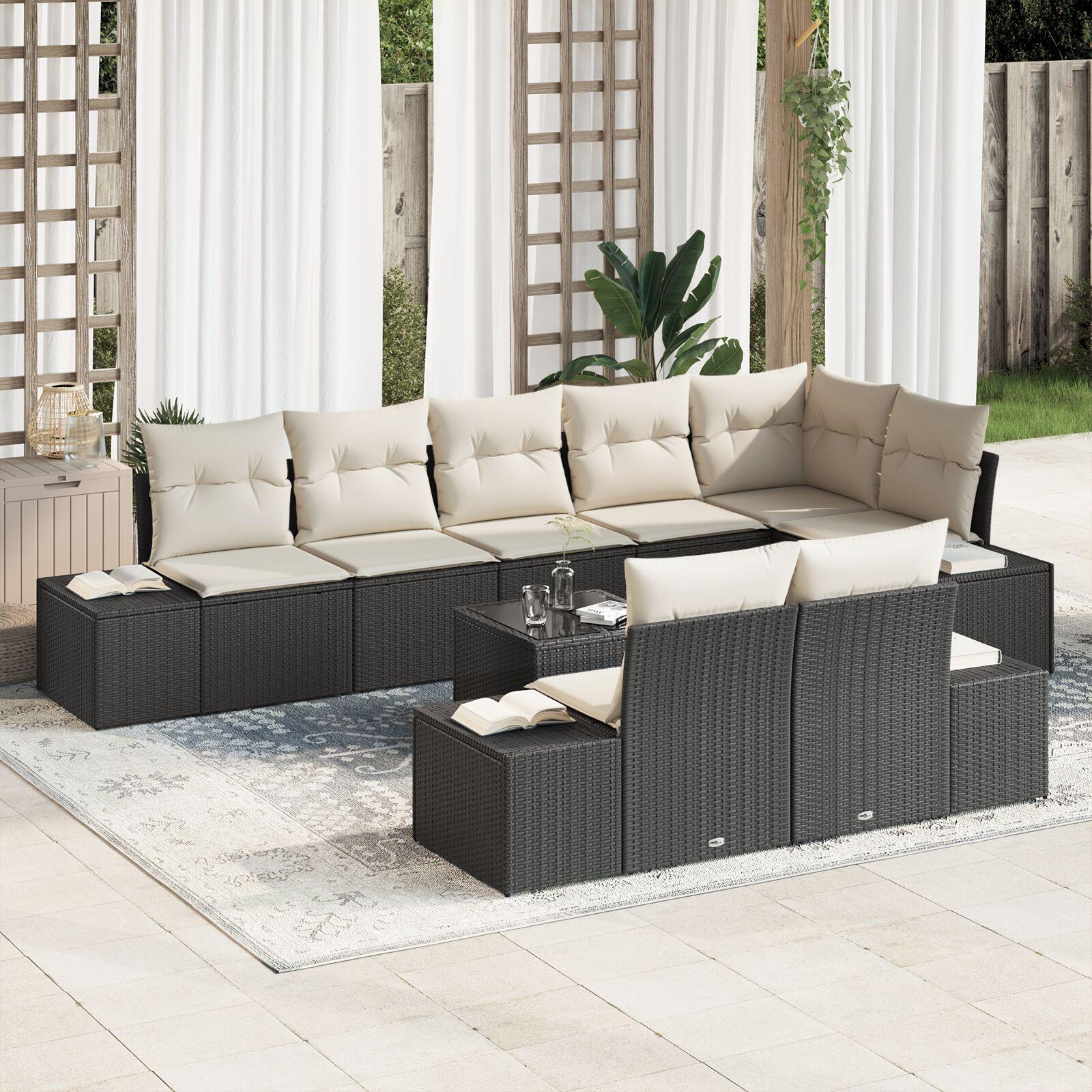 Havesofa Sæt med pude 9 stk Sort og cremefarvet Poly rattan