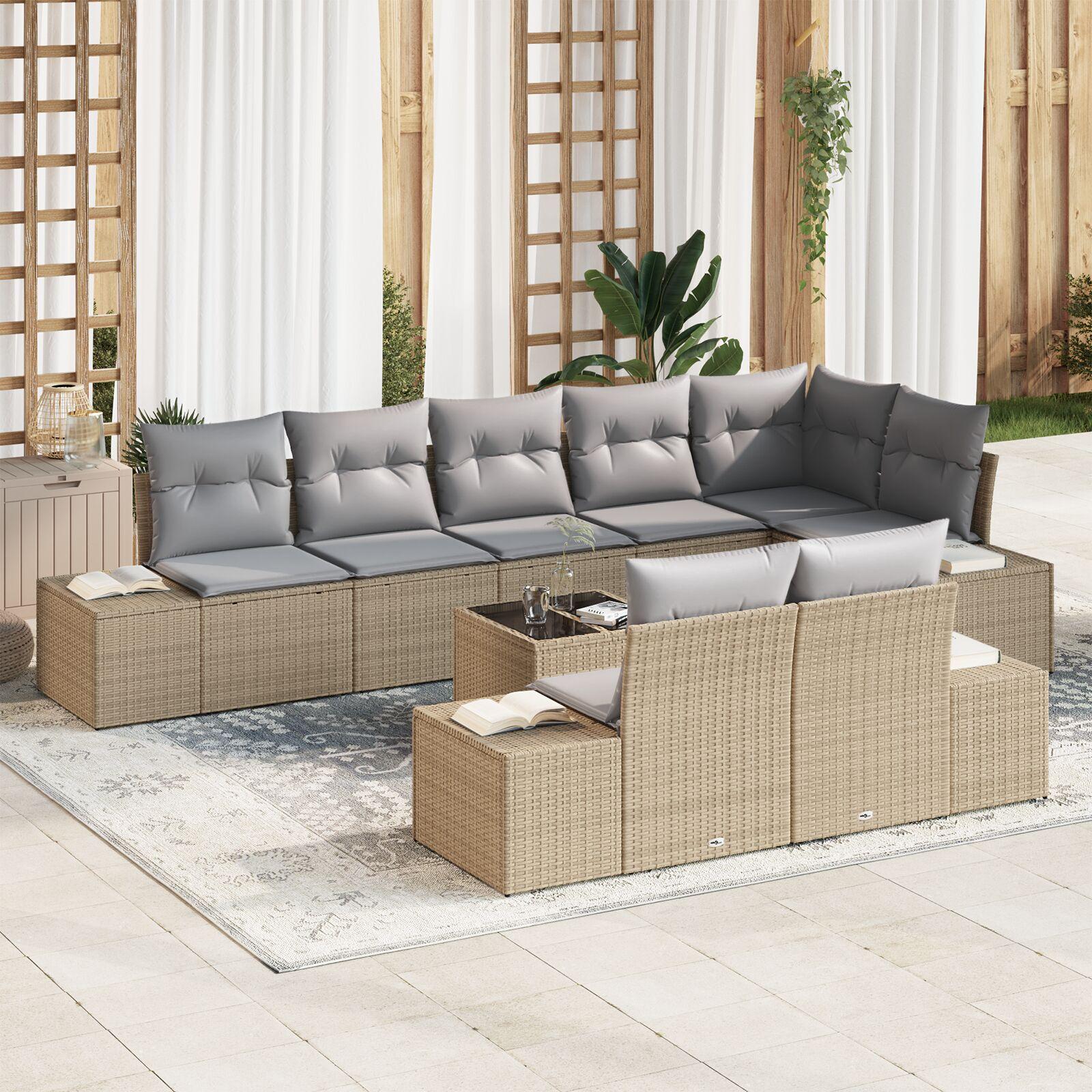 Havesofa Sæt med pude 9 stk beige og grå Poly rattan