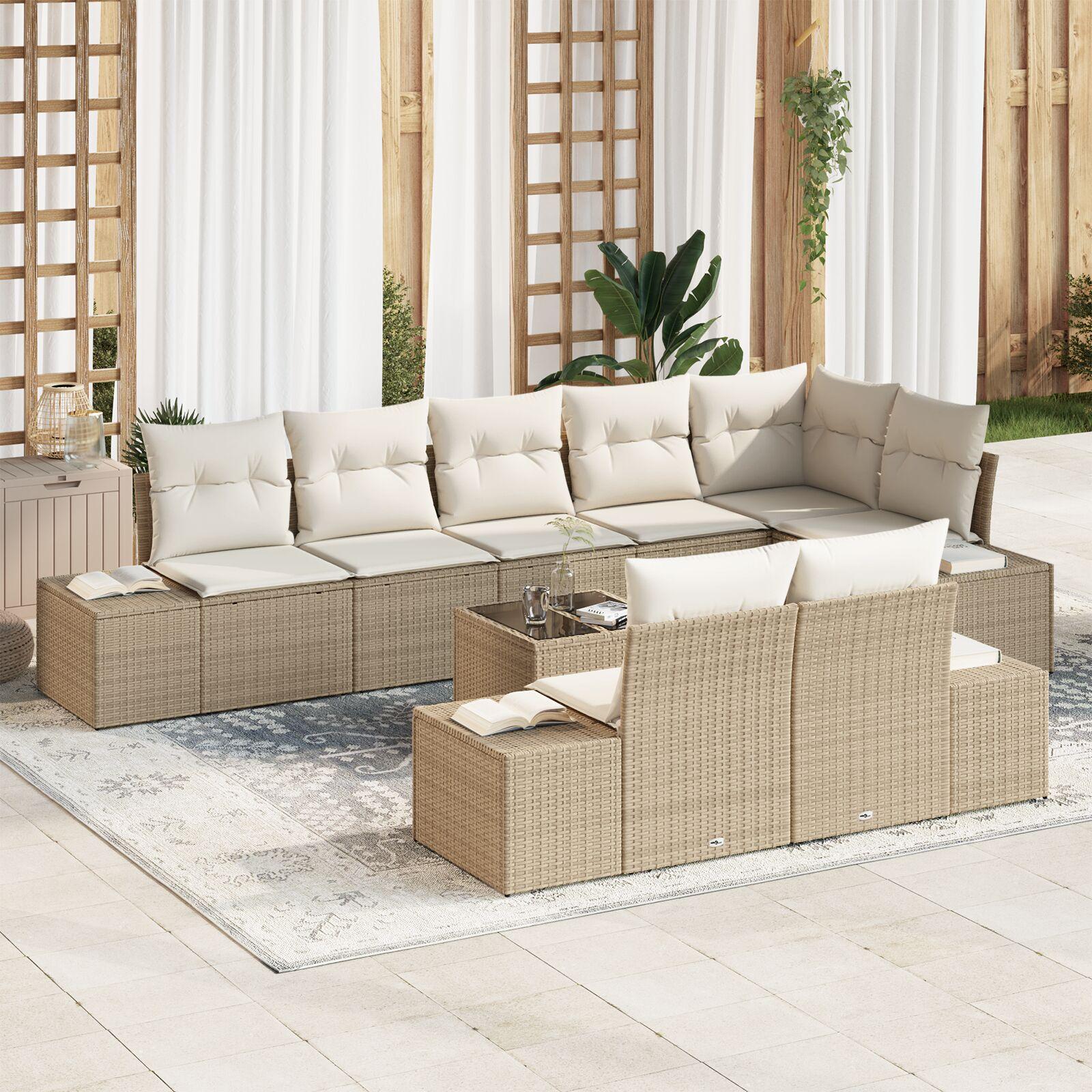 Havesofa Sæt med pude 9 stk beige og cremefarvet Poly rattan