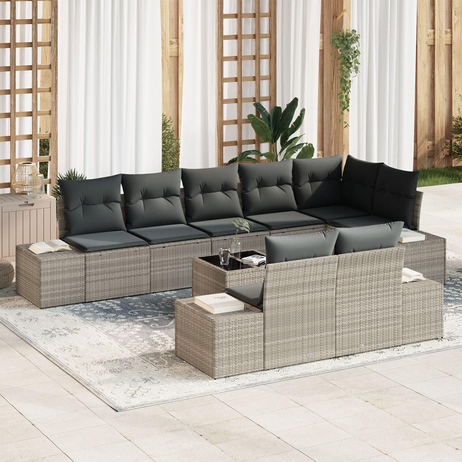 Havesofa Sæt med pude 9 stk Lysegrå Poly rattan