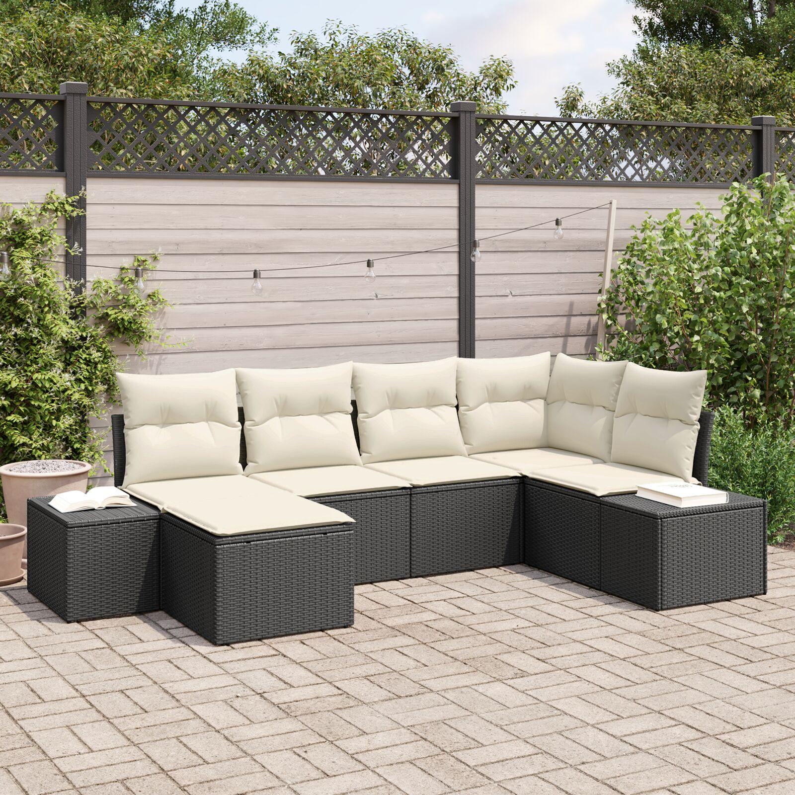 Havesofa Sæt med pude 6 stk Sort og cremefarvet Poly rattan