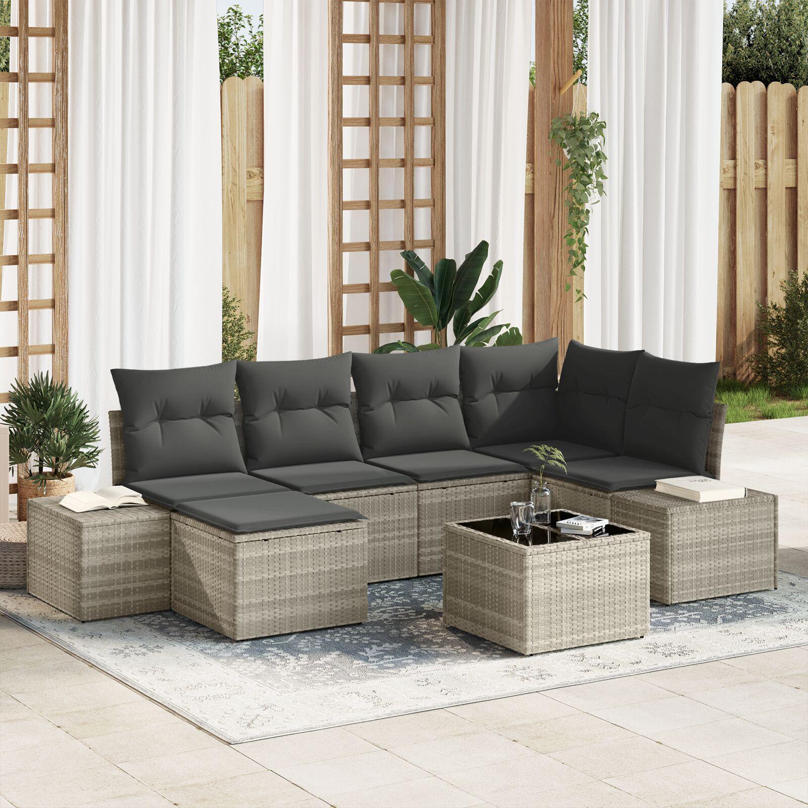 Havesofa sæt med puder - 7 dele i lysegrå polyrattan