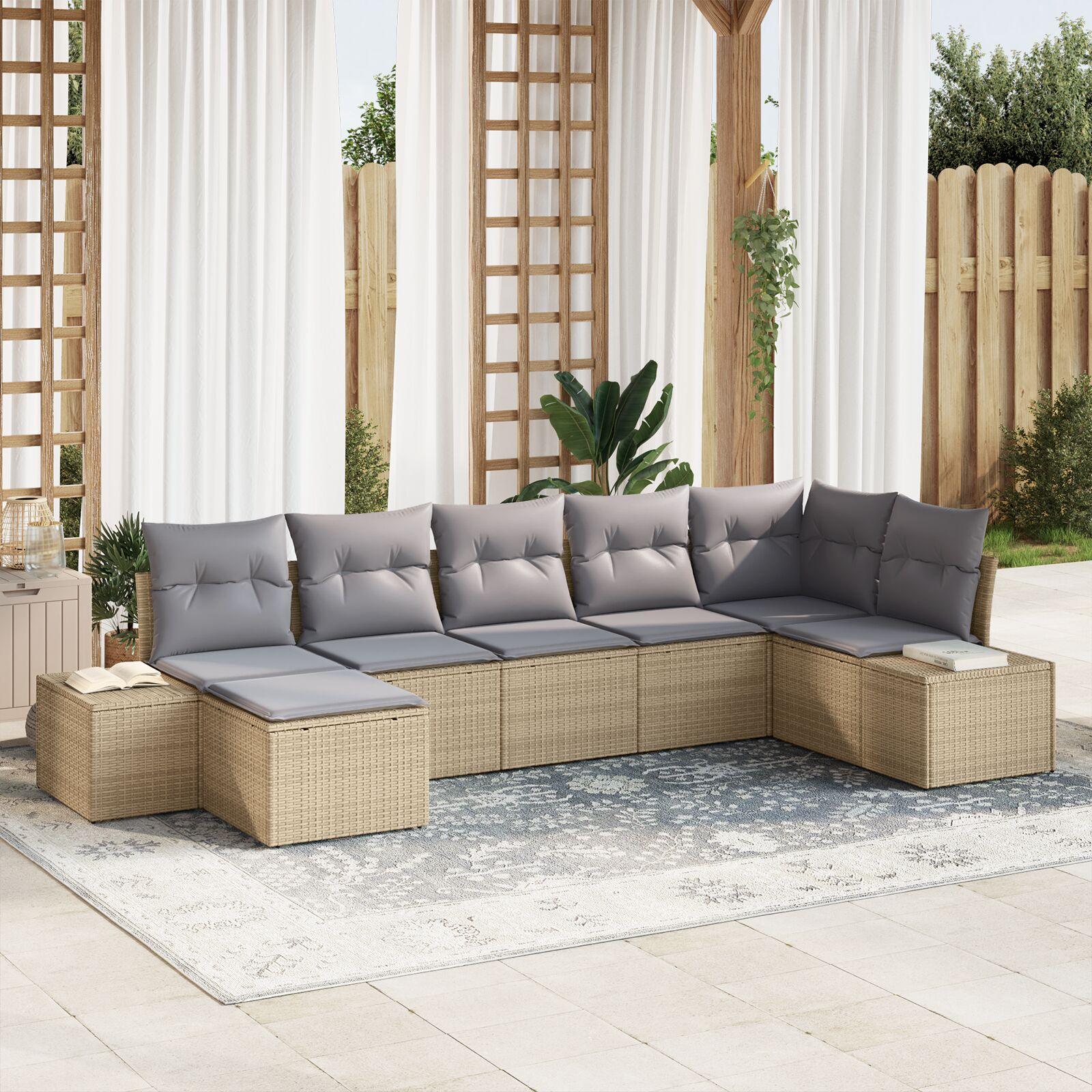 Havesofa sæt i beige polyrattan med puder - 7 personer, modulopbygget