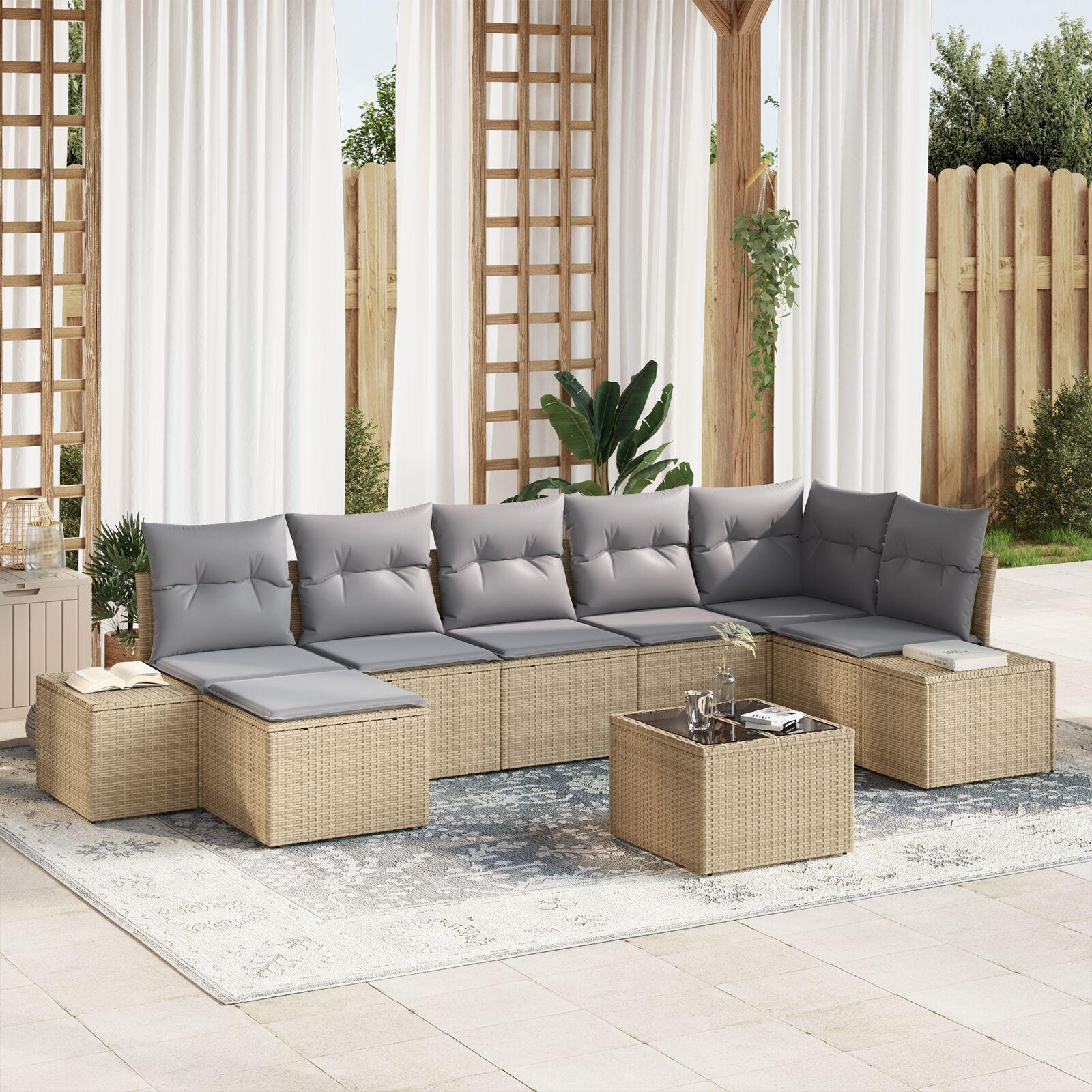 Havesofa Sæt med pude 8 stk Beige Poly rattan